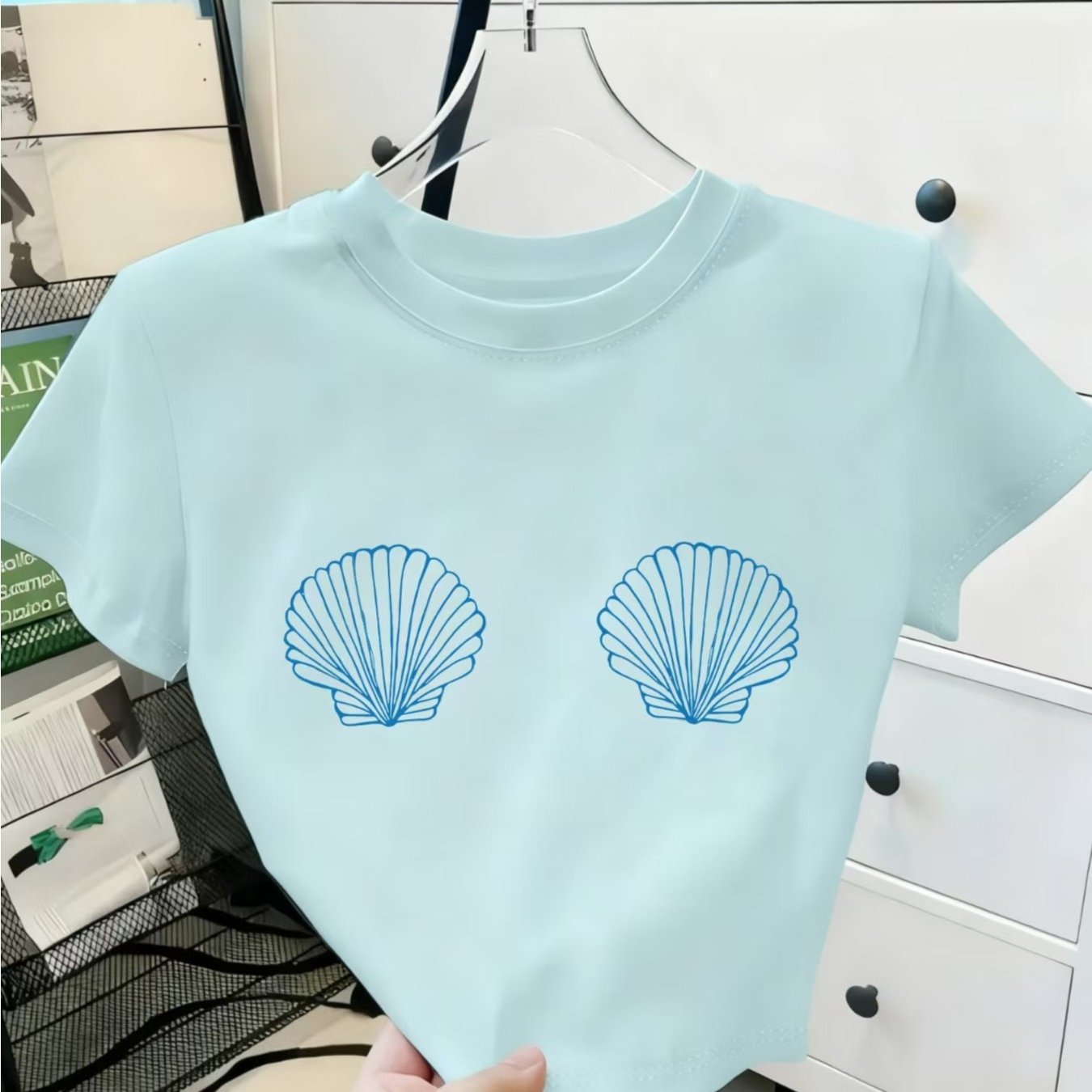 TEMU Shell-patterned Short-sleeve Top, Women'-short T-shirt