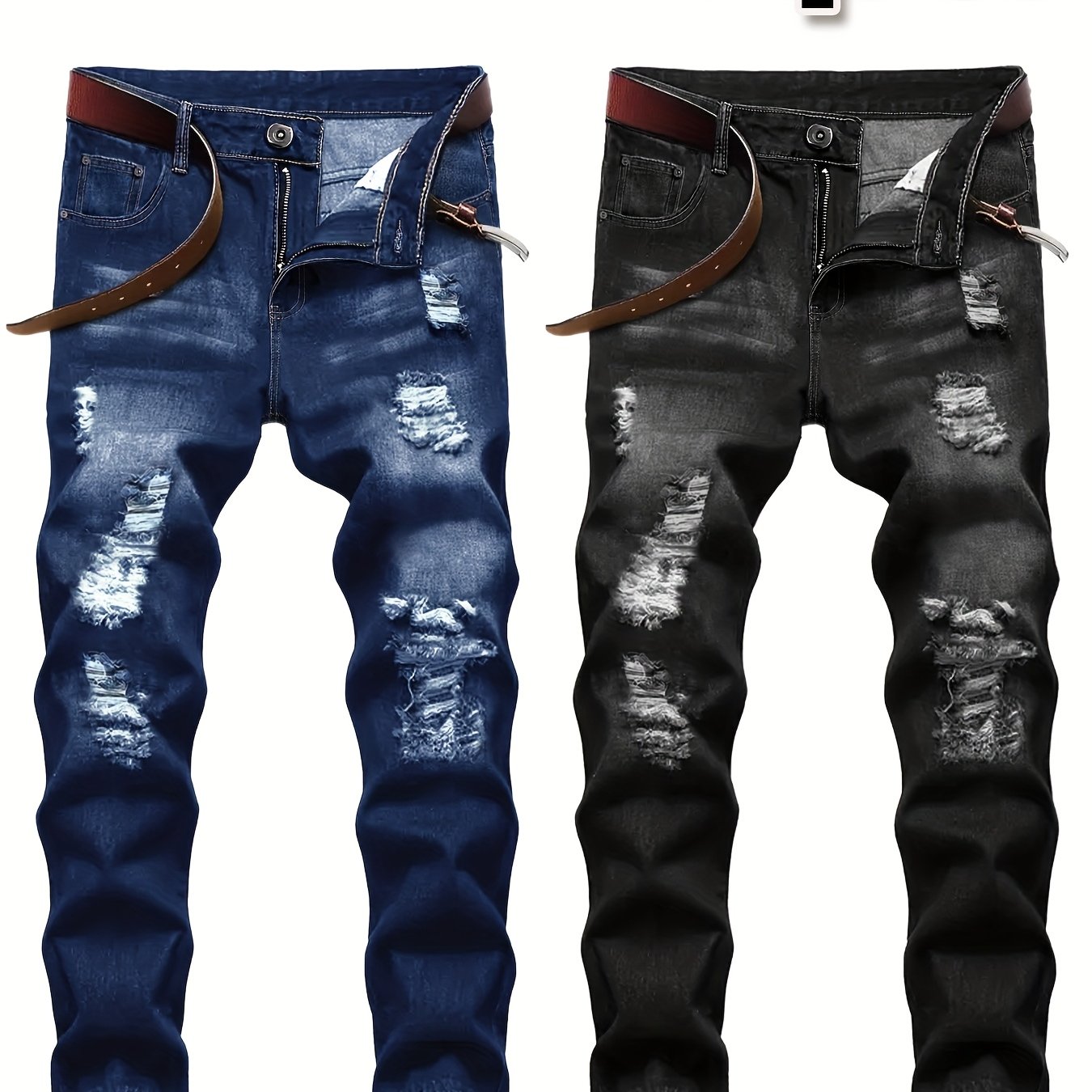 TEMU 2pcs Men's Slim Fit Distressed Ripped Jeans | Classic Stretch Denim Pants, Trendy Casual Versatile Outfits | For All Gift For Men