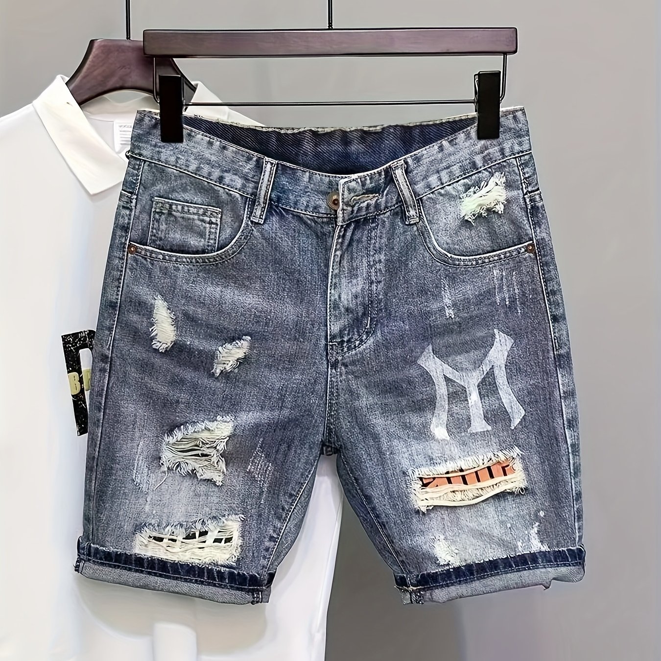 Image of Five-minute Denim Shorts For Men, Blue, Slim Fit, Casual, Ripped, Patched, Scratched, Print, Fashionable, Versatile, 2025 New Style