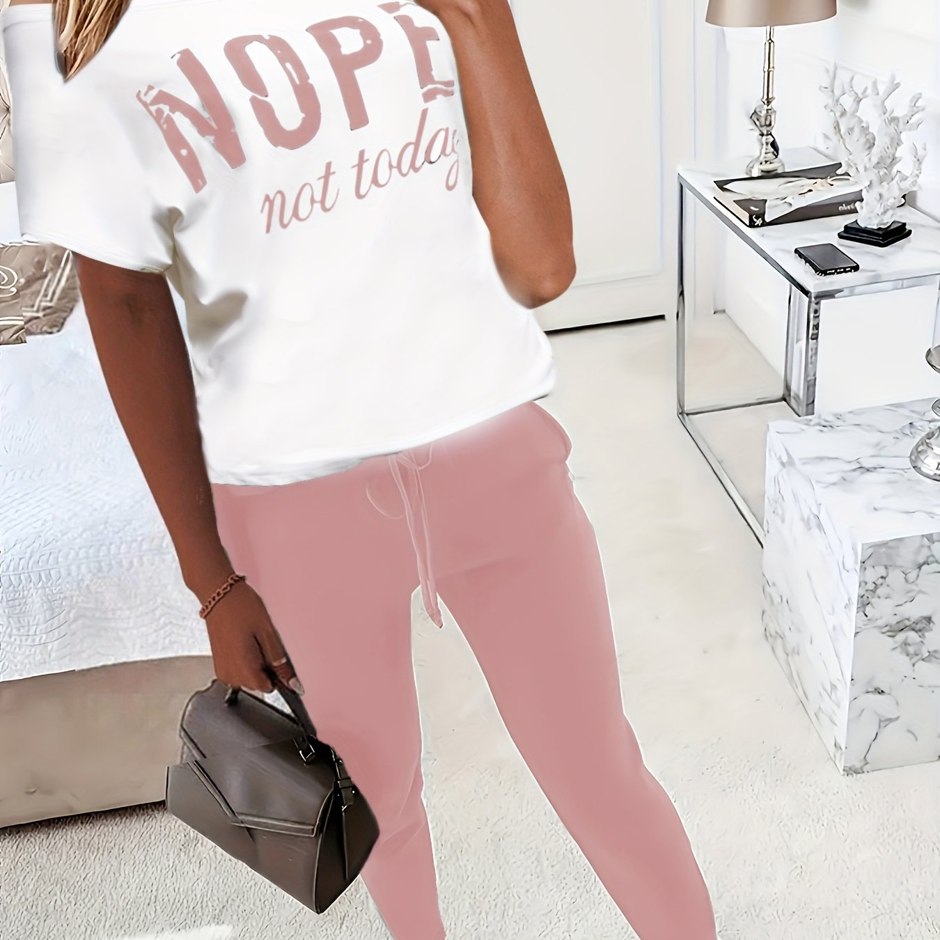 TEMU Set Due Pezzi di T-shirt Casual a Maniche Corte con Stampa Lettere e Pantaloni Lunghi