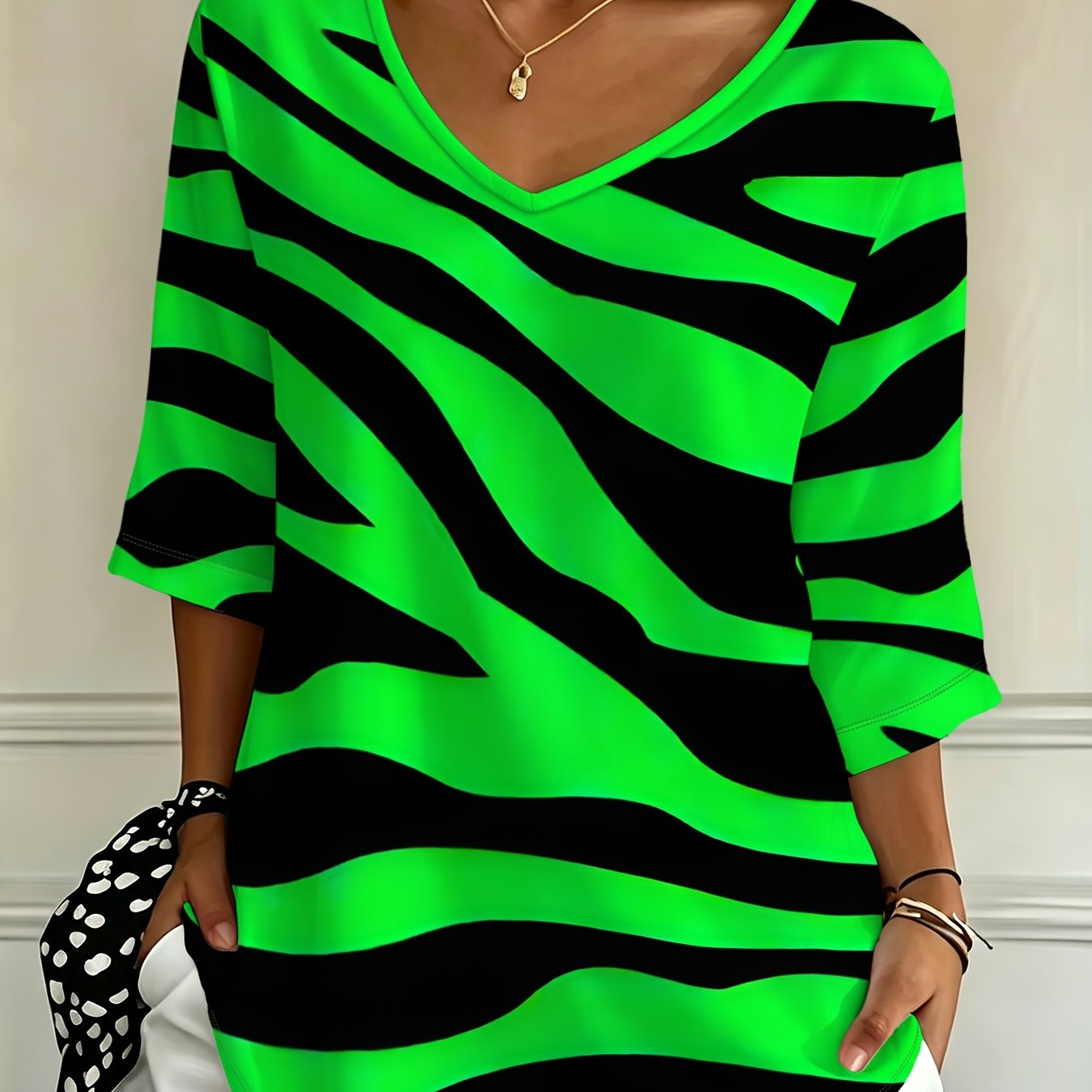 TEMU Plus Size, New Casual Fashion Holiday Plus Size Loose Fit Fluorescent Zebra -quarter Sleeve V-neck T-shirt Top