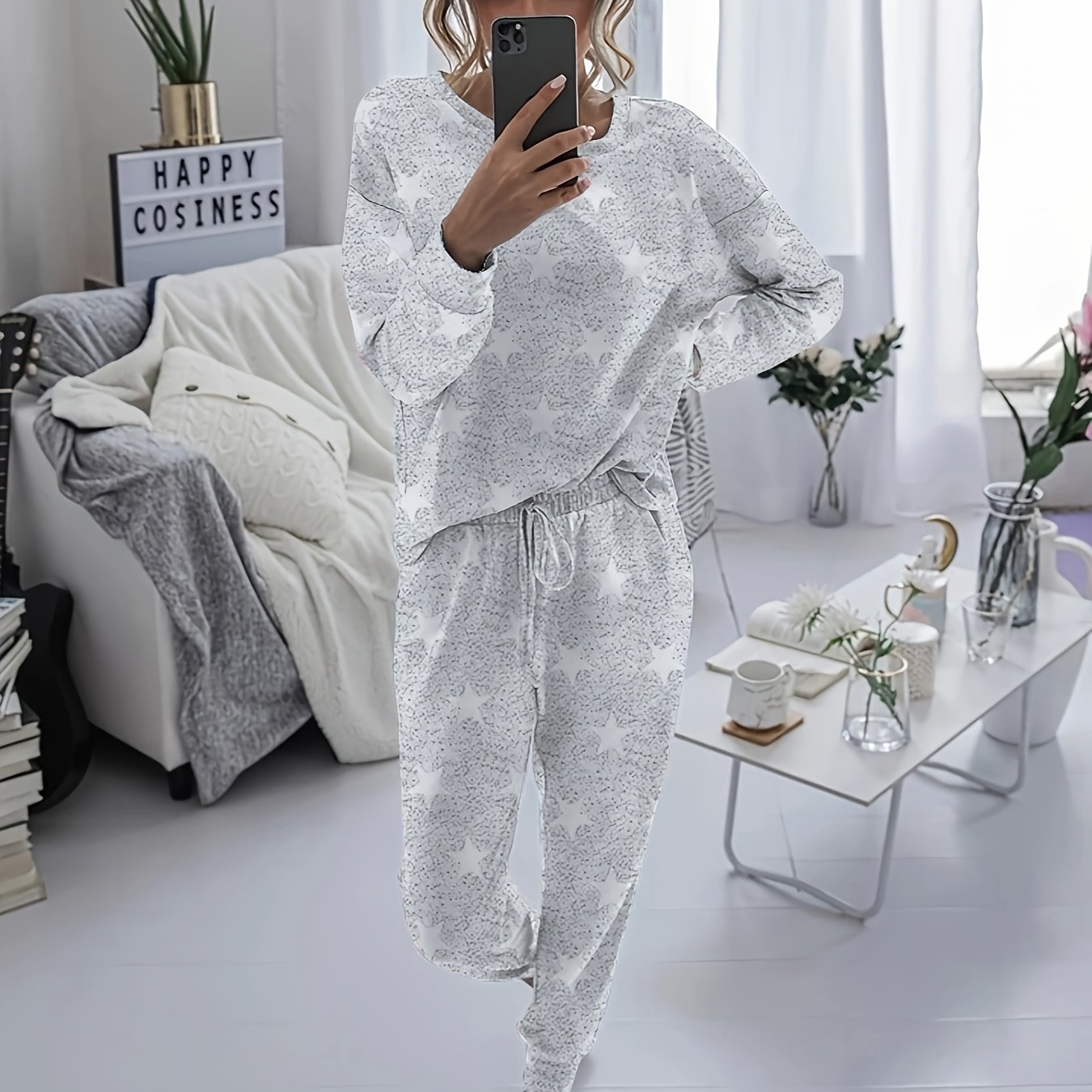 E-shop Lässiges Home Herbst Winter Sternenmuster Rundhals Langarm Lockerer Drop Shoulder Top T-Shirt und Harem mit Kordelzugbund und Tasche Set