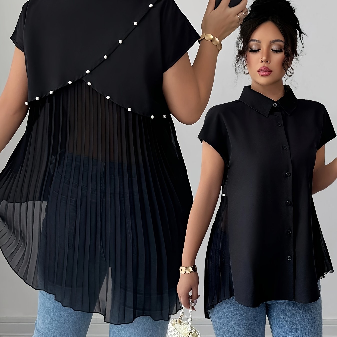 1771#french Asymmetrical Hem Loose Short Sleeve Women's Blouse [ll425]