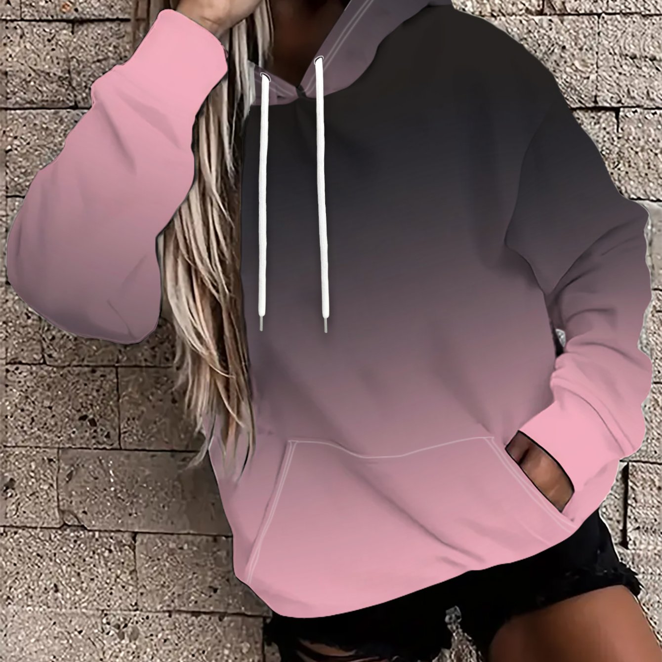 TEMU Women's Casual Athletic Hooded Sweatshirt, Gradient Black Pink Background, Fall/winter Casual Pullover, Machine Washable