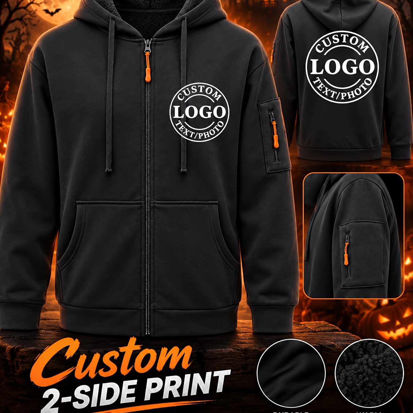 TEMU Christmas Custom Men's Black Knit Fleece Zip-up Hoodie Jacket, Personalized Logo Name Photo Workwear, Warm Polar Fleece Lining, Contrast