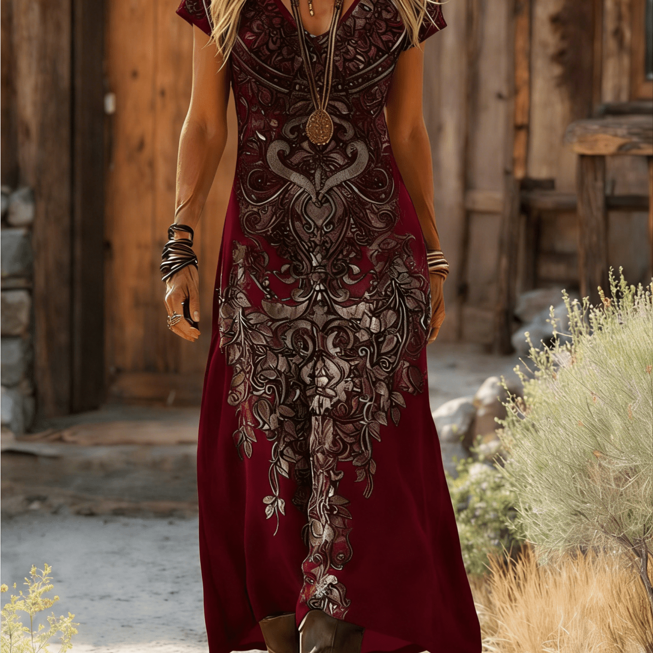 Spring And Summer -neck Women's Long Dress, Vintage Ethnic Print Short Sleeve Western Cowboy Style Long Dress, Elastic Material, Comfortable, Casual Women's Dress, Machine Washable