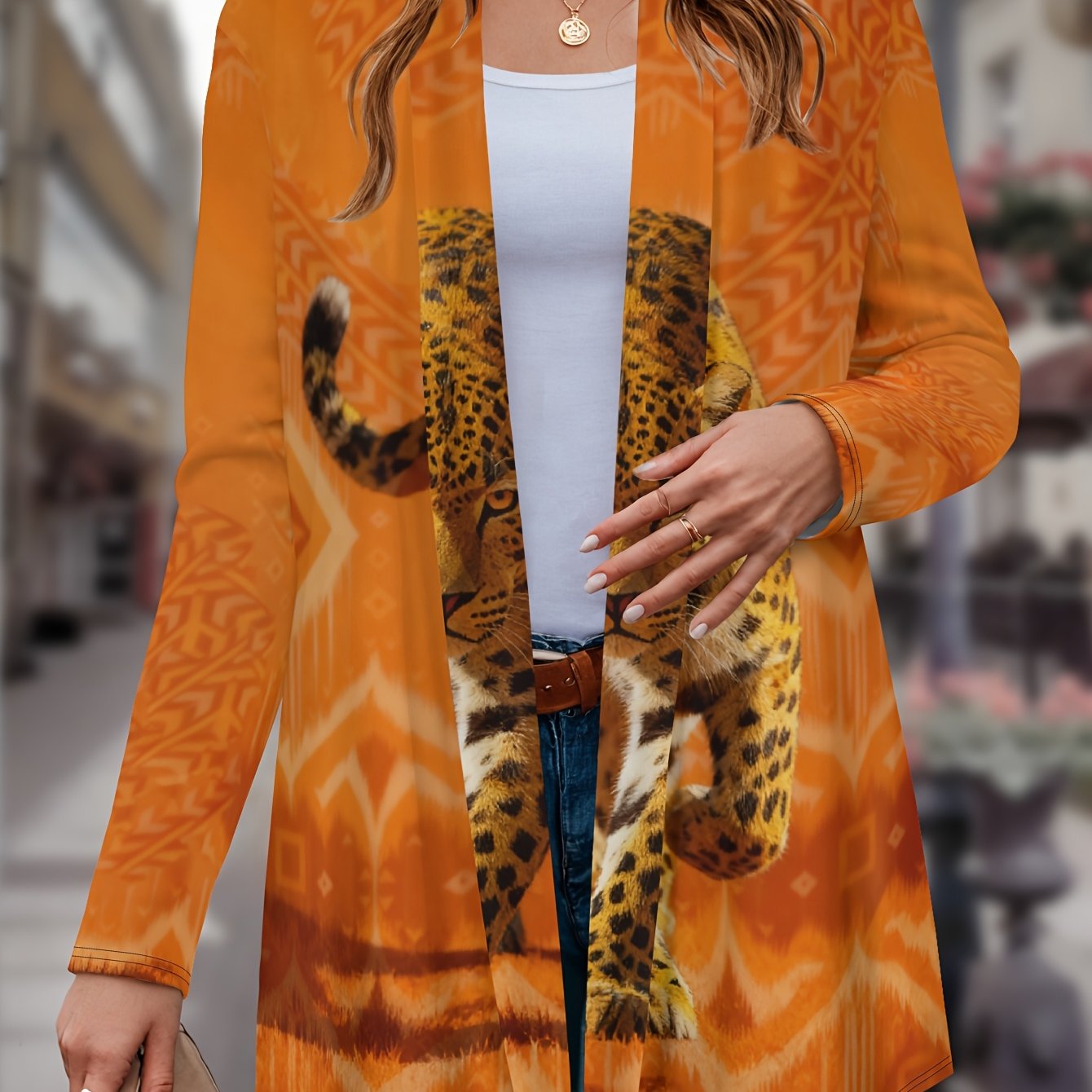 TEMU Plus Size - New Casual Comfortable Fashion Orange Leopard Element Printed Pattern Plus Size Women's Coat