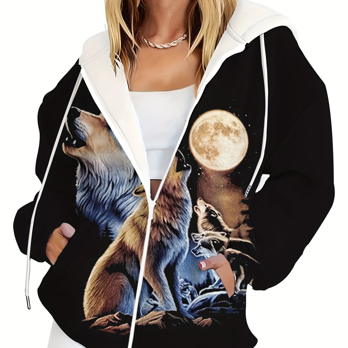 TEMU Plus Size, Plus-size Women's Hooded Zip-up Sweatshirt With A Eating The Moon Graphic Print, Featuring A Unique And Style. Fashionable Drawstring