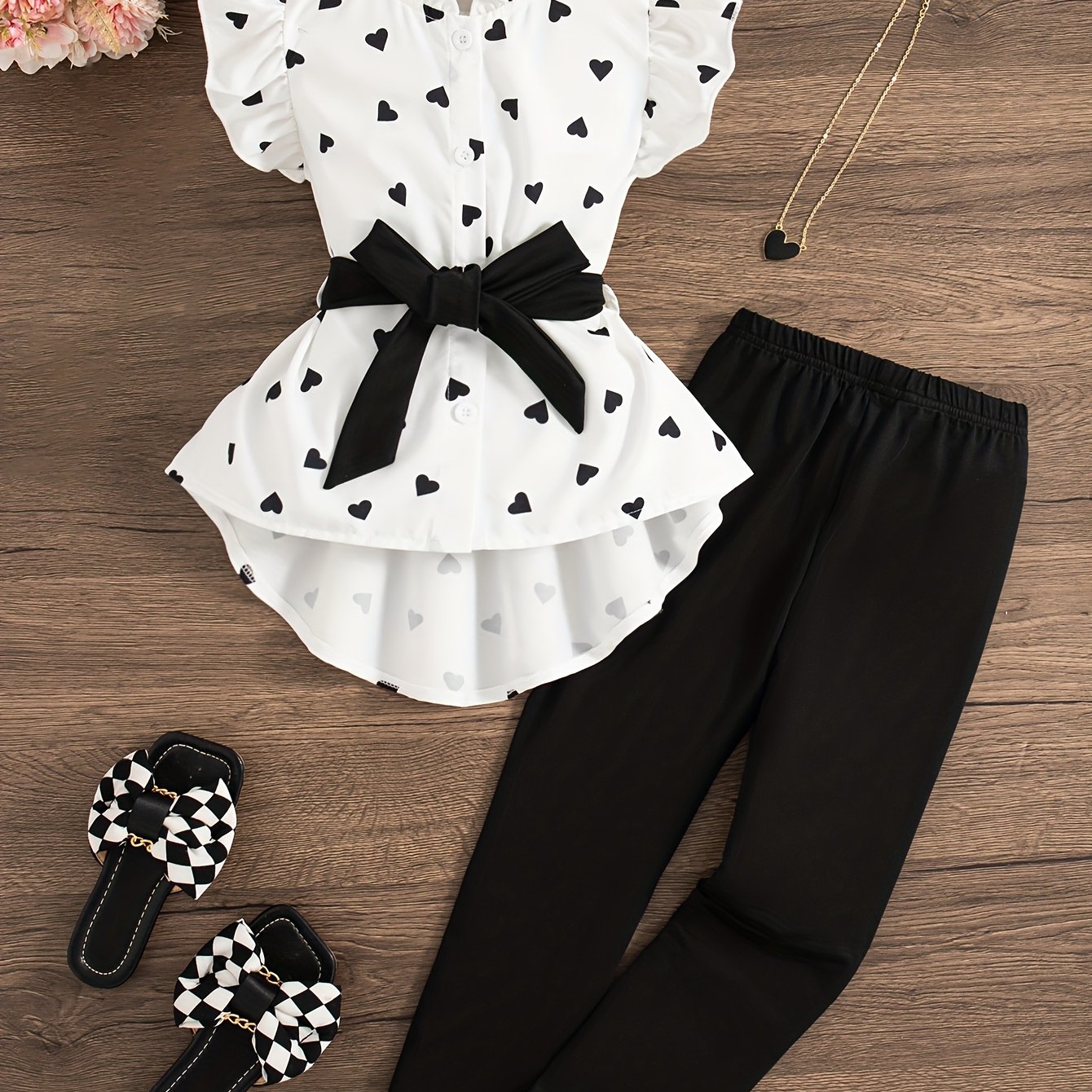Image of Summer Casual Daily Outing Frilly Sleeveless Single-breasted Print Heart Pattern Top And Pants Girls Two-piece Set Pants Set With Belt, For Outdoor
