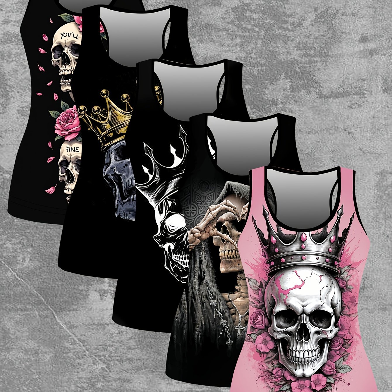 Plus Size - 5pcs Set Western Women's Spring Summer New Digital Craft Cool Skull, Skull Lover Pattern Printed Sleeveless Vest Plus Size Top