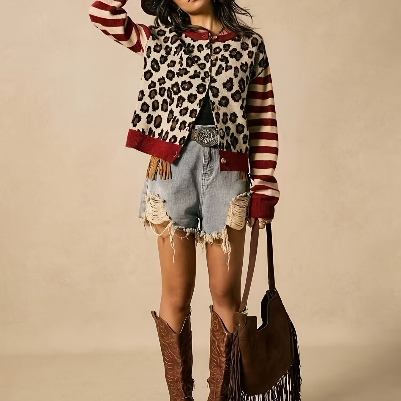 TEMU Women's Fall Winter New Retro Casual Versatile Leopard Print Contrast Cardigan Sweater