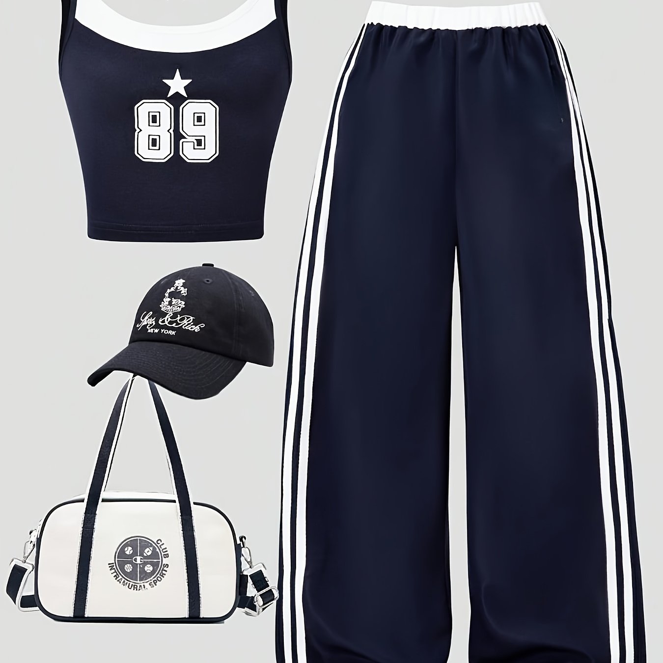 Girls' 2pcs Y2k Style Outfit, Navy Size 89 Short Cami And White Striped Wide-leg Pants, Casual Streetwear Set, For Outdoor