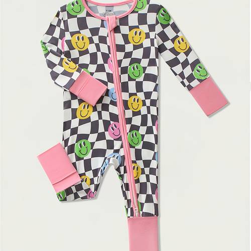 long sleeve bamboo fiber onesies for baby girls black and white chessboard with pattern two way zipper hand protectors suitable for outerwear for outdoor