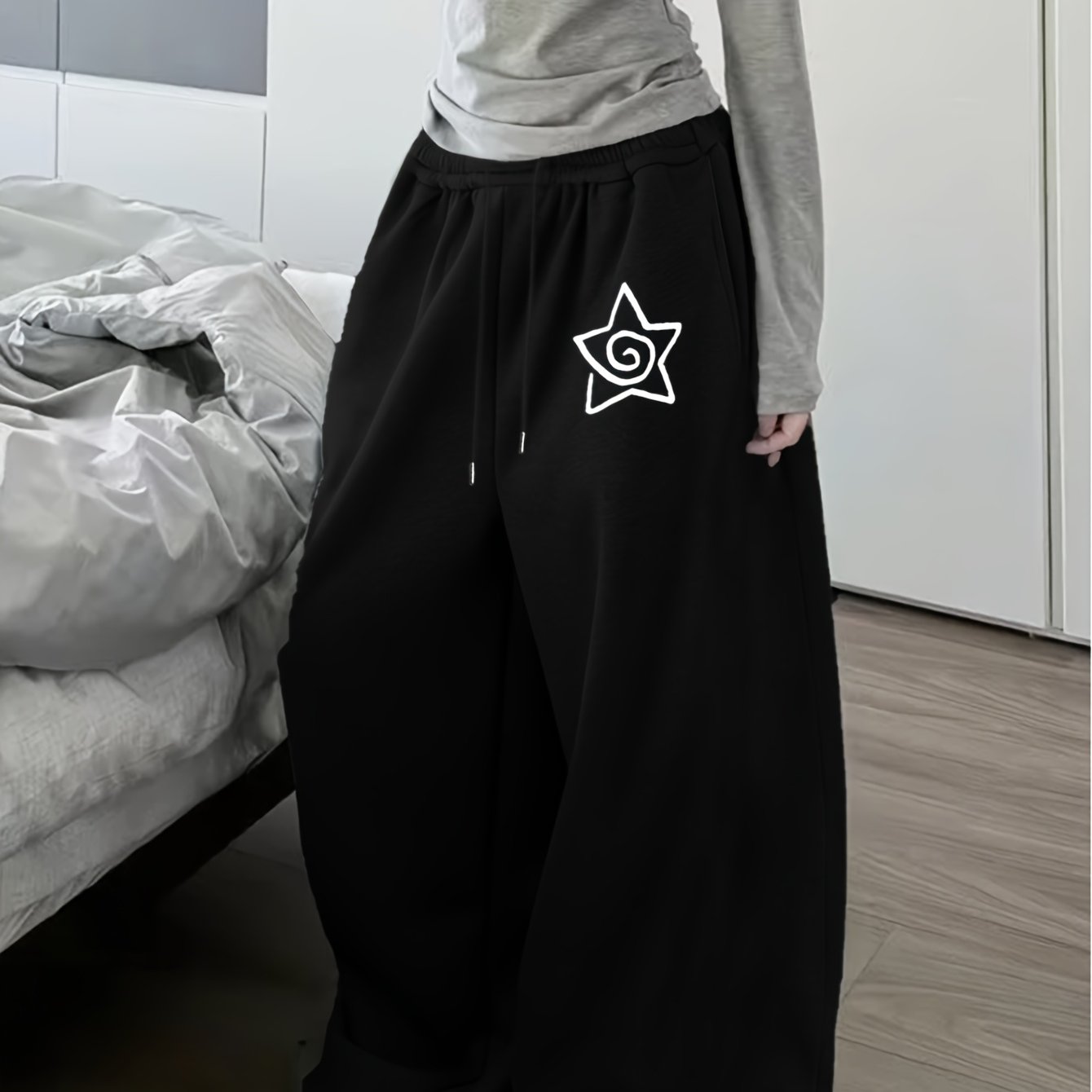 TEMU 【商品名】女性用 五芒星 柄が認識しやすく、レトロなストリートスタイルの裏起毛入り万能秋冬ズボン スウェットパンツ