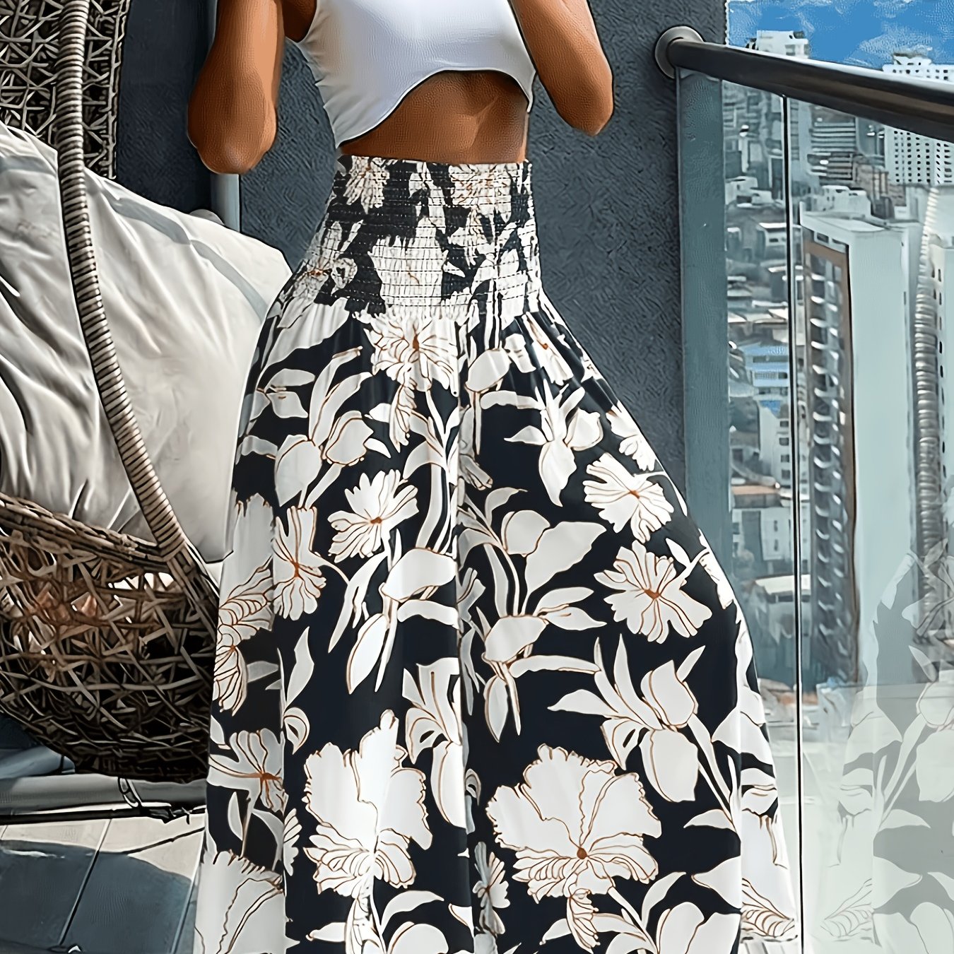 TEMU Women's Floral Print Wide Leg Pants High Waist Ruched Waist Bohemian Style Long Trousers Flowy Vacation Pants