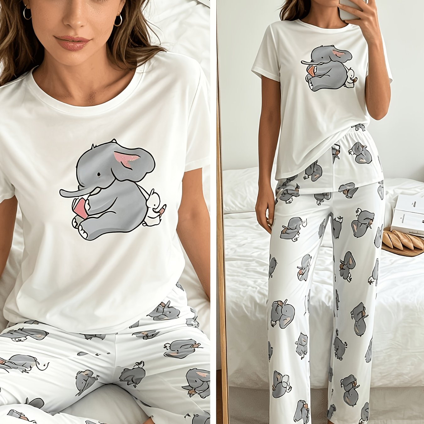 TEMU Women's Cartoon Elephant Print Short-sleeve Long Pants Loungewear Set