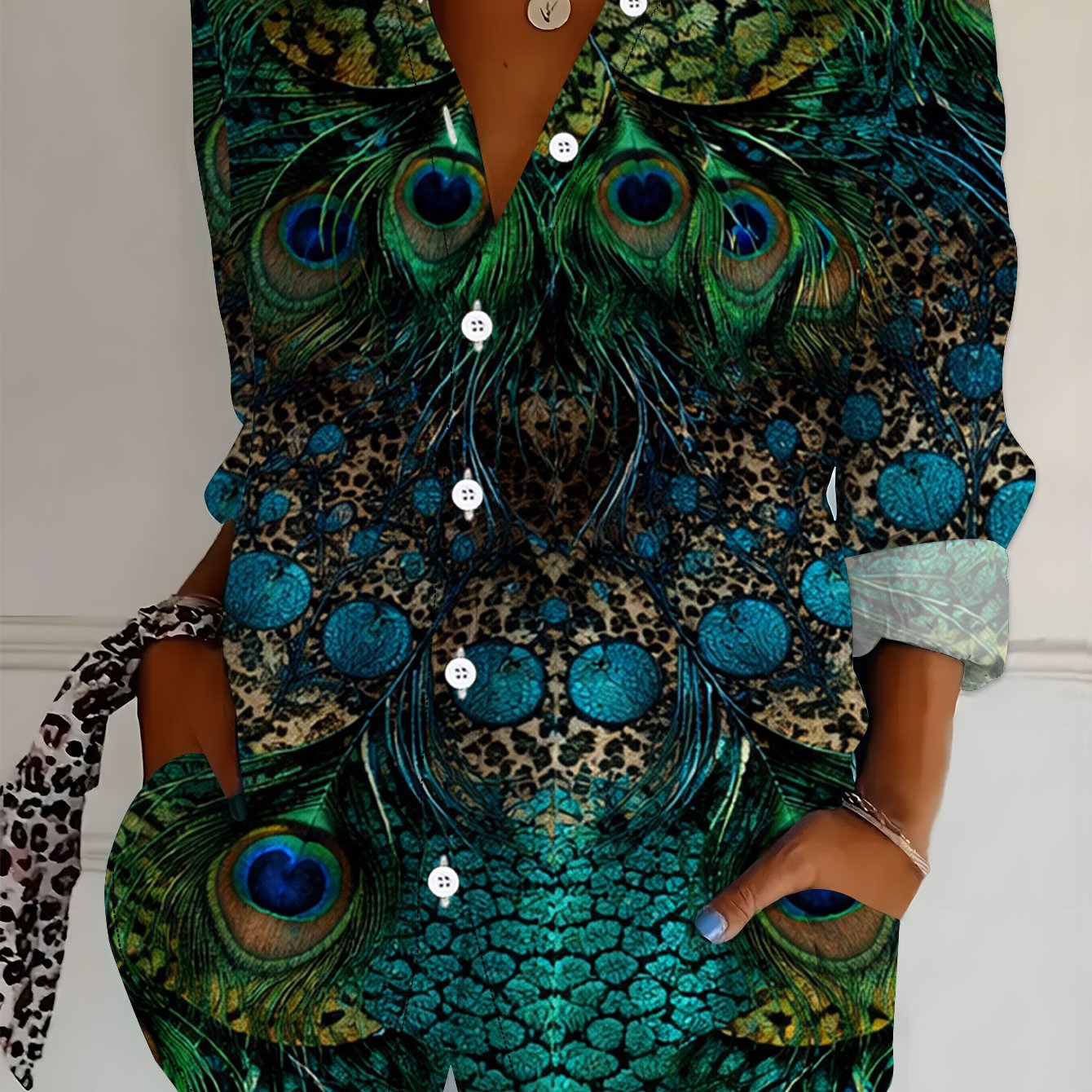 TEMU Plus Size, New Plus Size Women's Long Sleeve Printed Shirt, Versatile And Elegant Shirt For Women With Peacock Pattern Texture, Loose 's Long