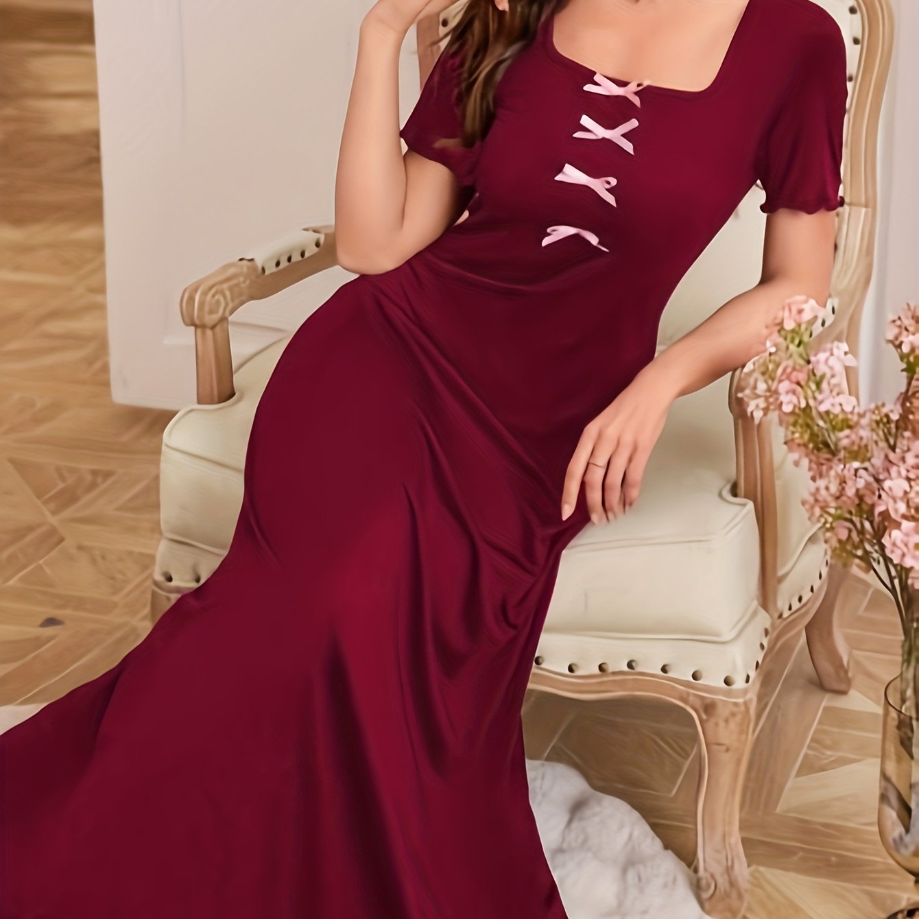 E-shop Damen Nachthemd mit Schleife, langes Kleid für Zuhause, im Freien