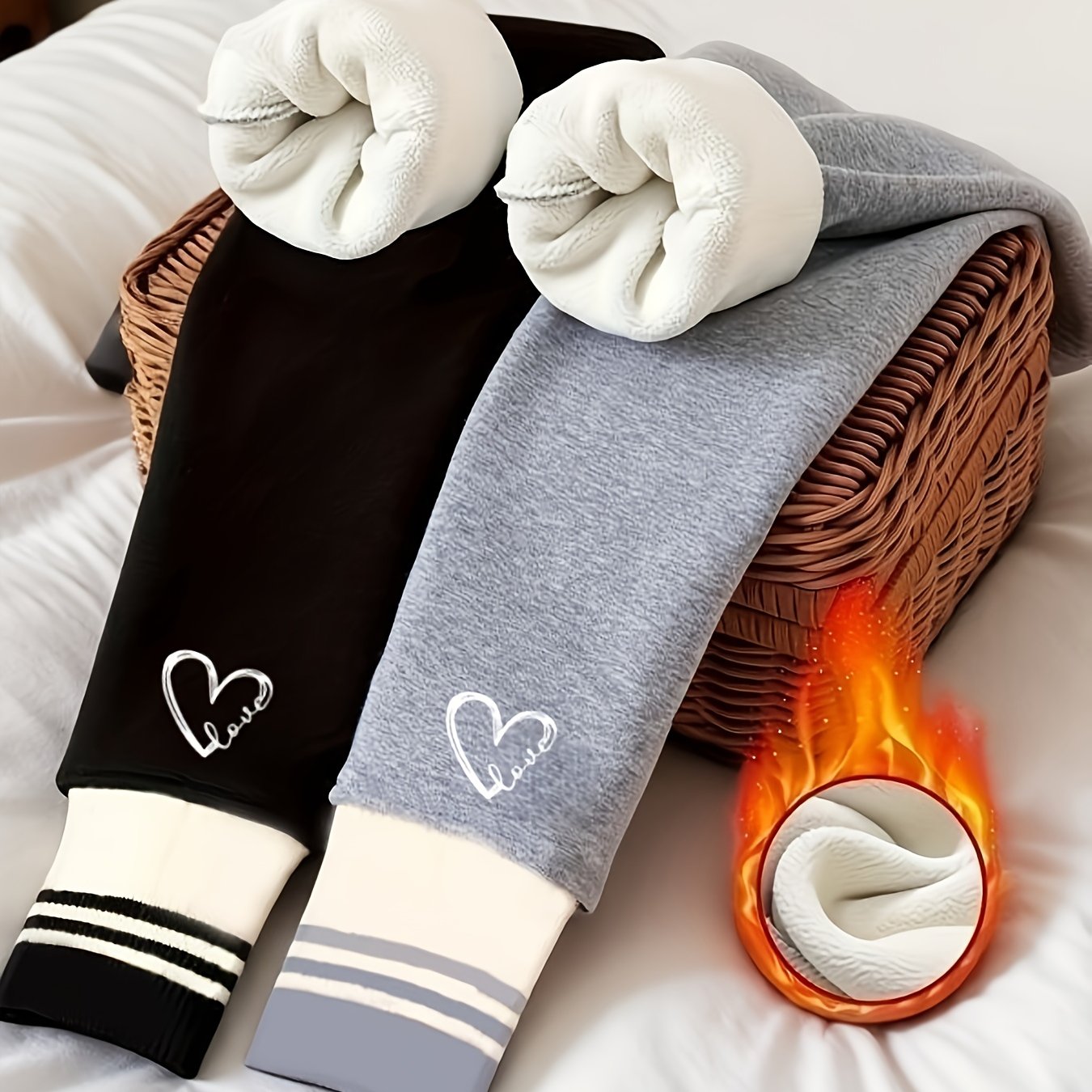 Image of Pair Of Girls' Autumn/winter -lined Thermal Leggings, High Elasticity, Heart Love Print