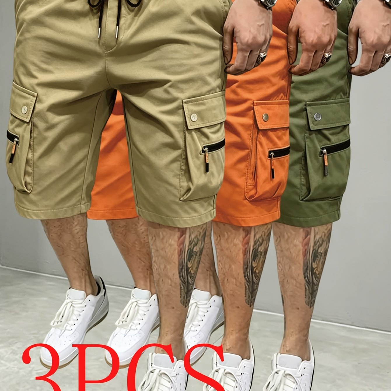 TEMU 3pcs Set Men's Outdoor Casual Large Pocket New Versatile Trendy Waist Drawstring Design Comfortable Outdoor Cargo Shorts