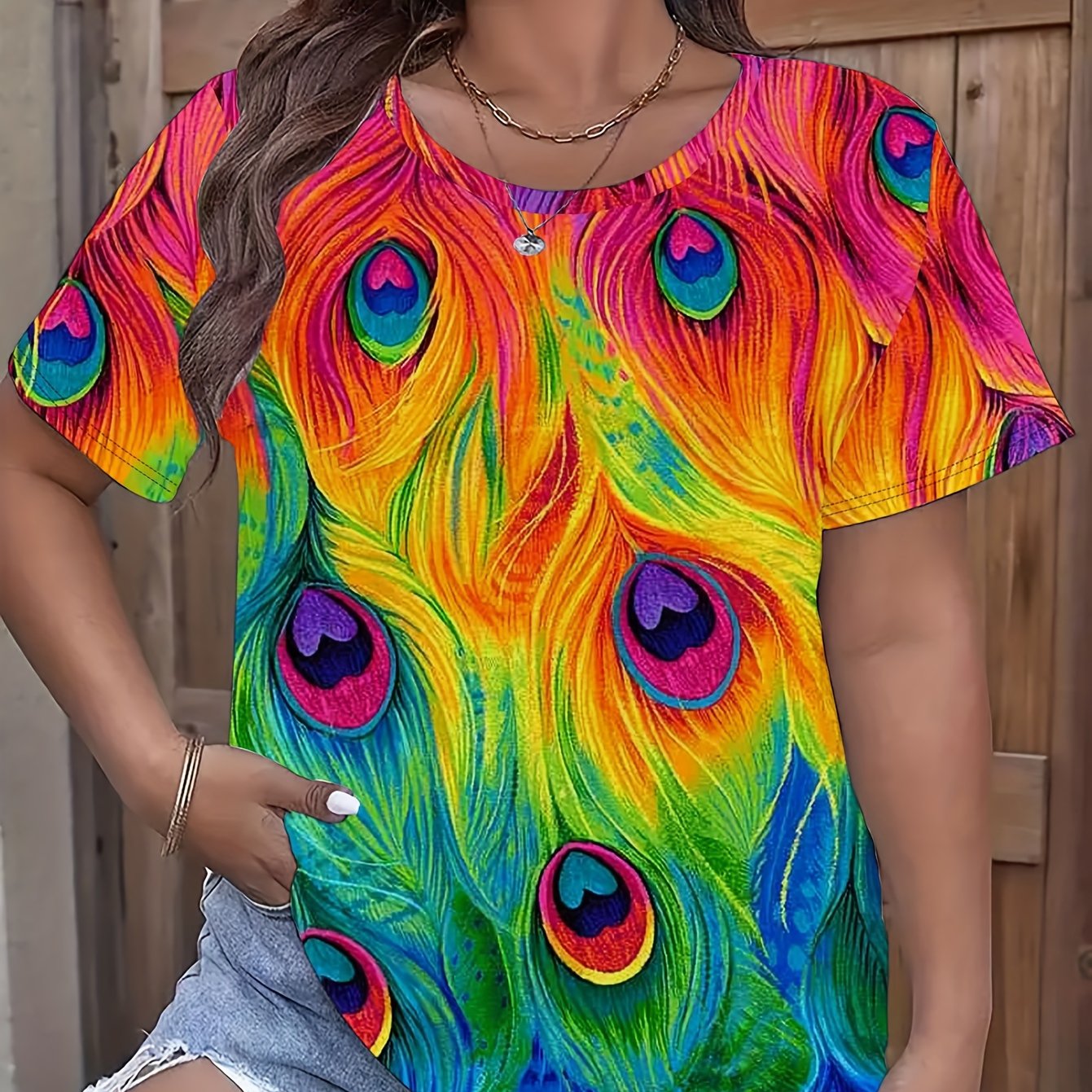 TEMU Plus Size, Fashionable Large Size Peacock Round Neck Short Sleeves, Slightly Elastic, Fabric Suitable For Spring, Summer And Autumn, Comfortable