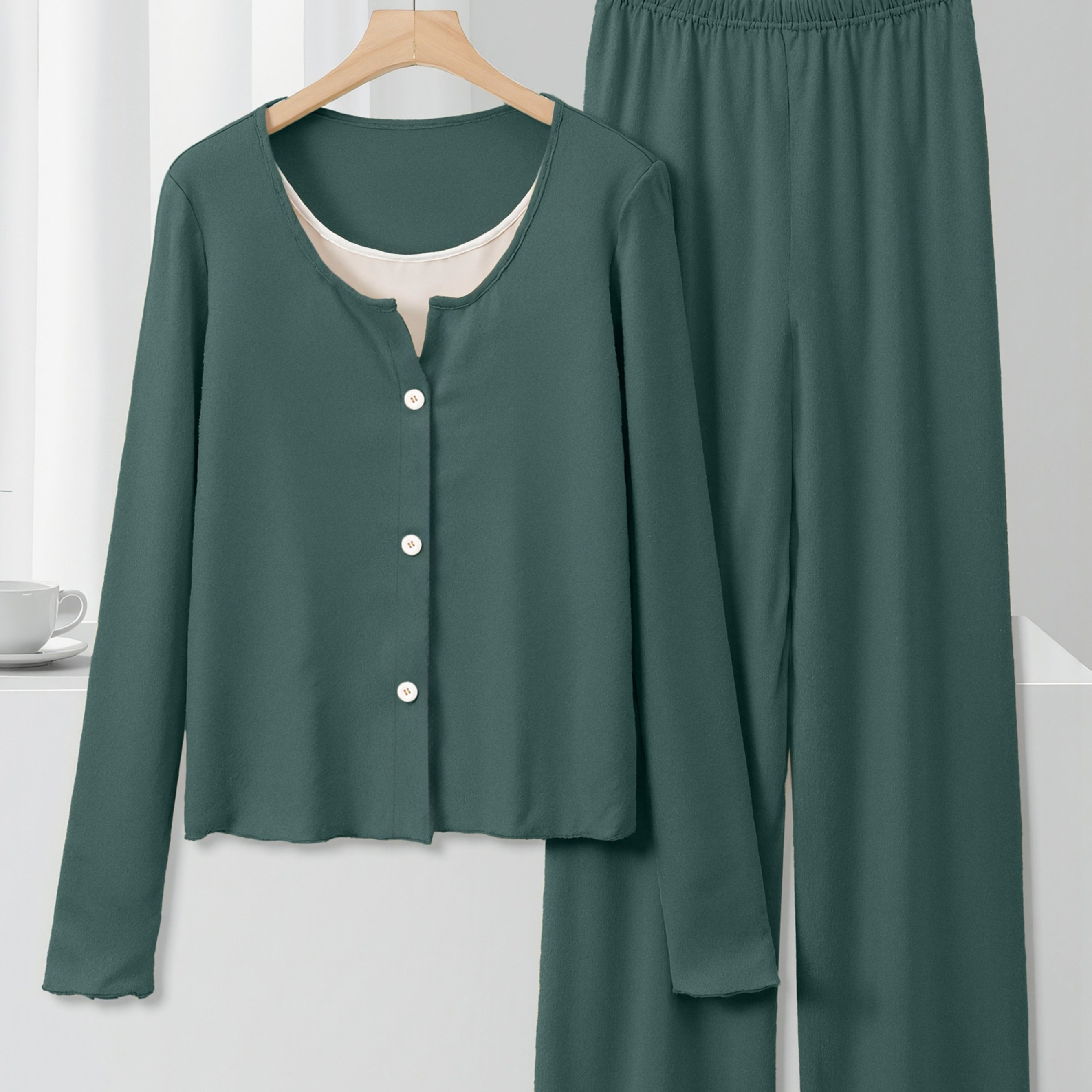 TEMU Women's Autumn 2pcs Set, Flocked Fake Two-piece Comfortable Pajama Set, Long Sleeve And Pants Pajamas