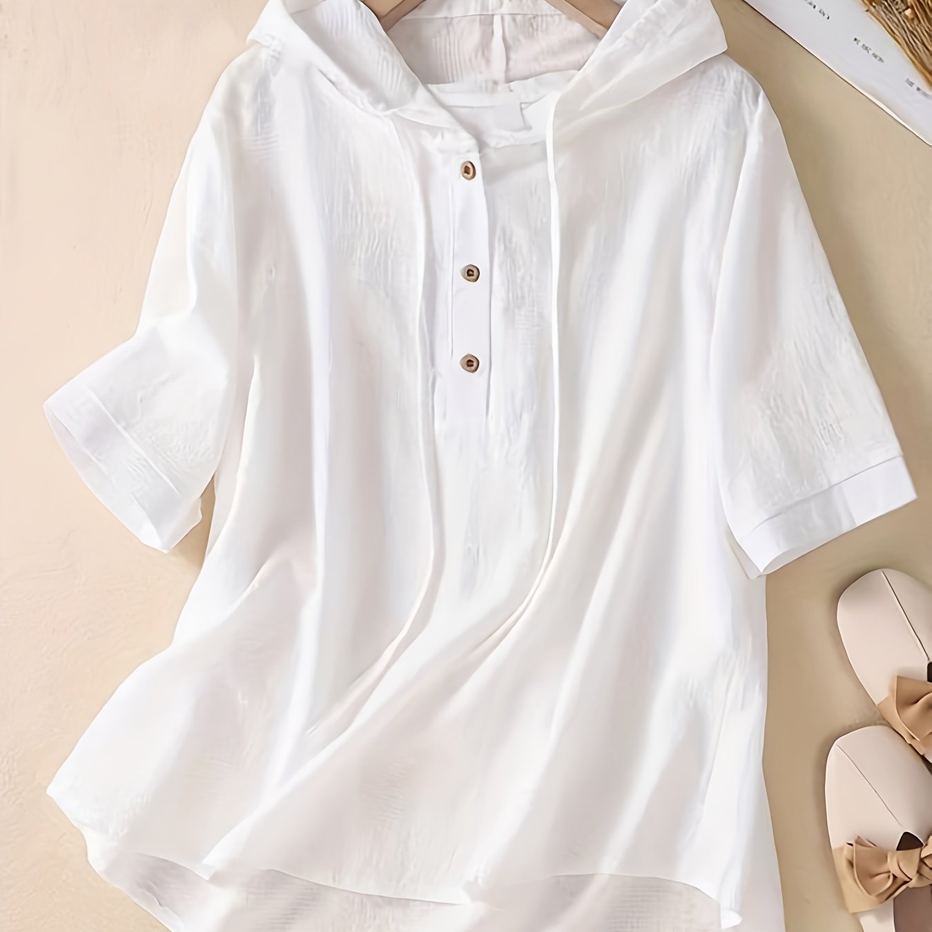 Loose Solid Color Hooded Open Front Short Sleeve Top