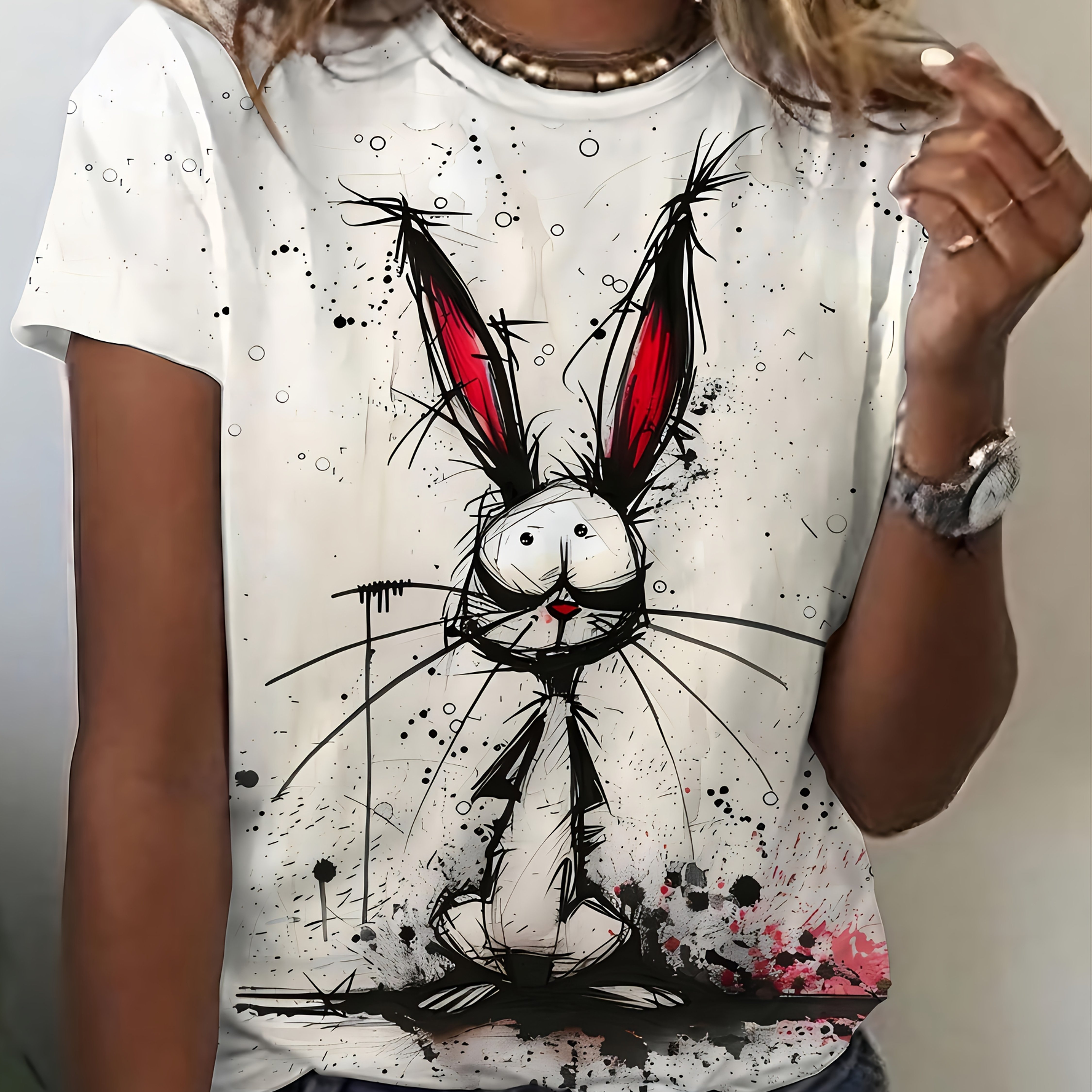 Image of Pattern Print Design, Women's Fashion, Women's Casual Elegant Top, Women's Round Neck T-shirt