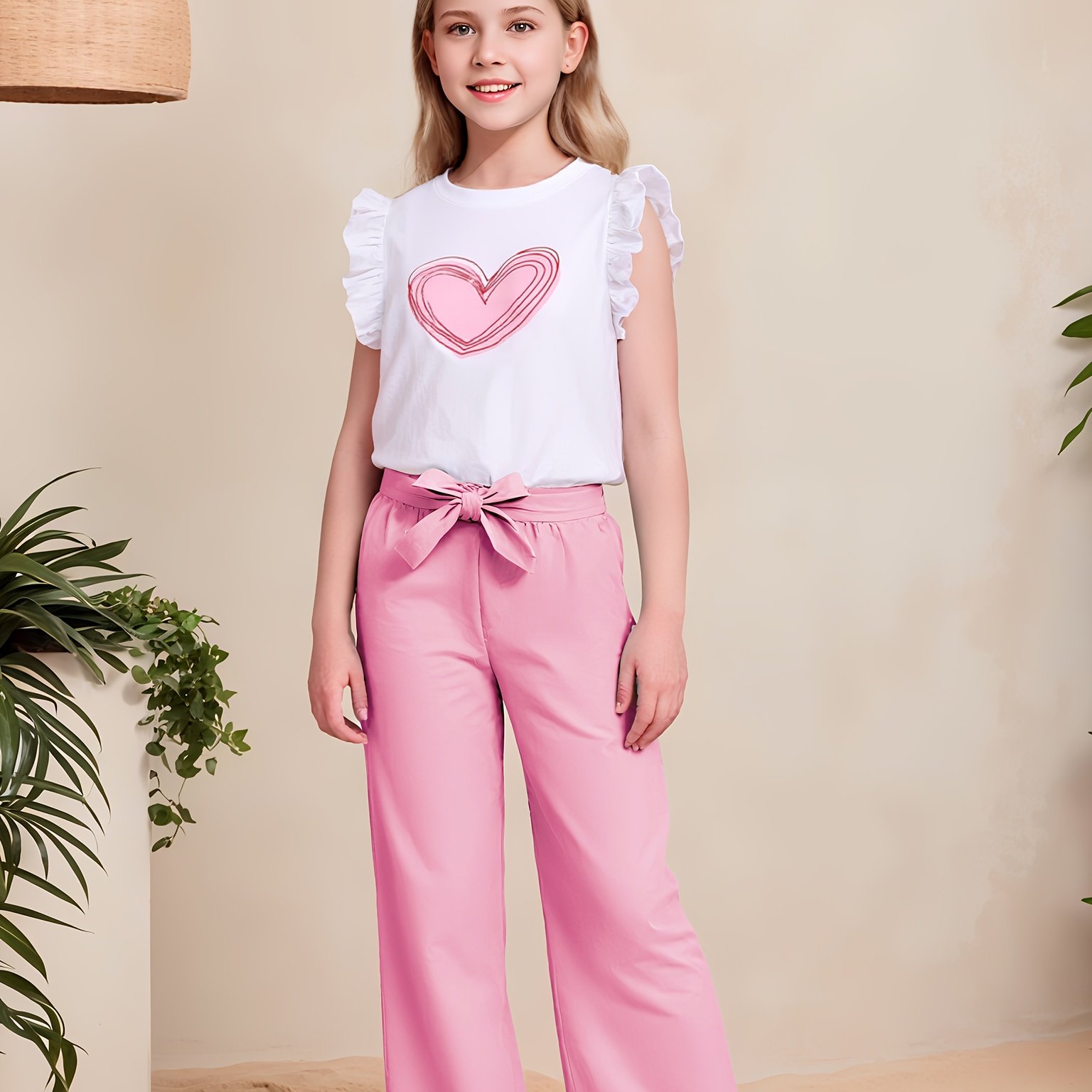 Image of Summer Girls' Heart- Style Fiber Fabric Short-sleeve Top + Casual Pants Set. May Run Large, Please Order , Perfect For Outdoor