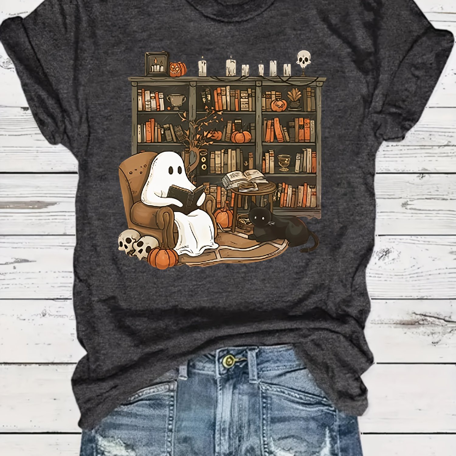 TEMU Women's Halloween T-shirt - Cute Librarian Reading Graphic, Deep Gray Library Design, Casual Party Wear, Machine Washable, Teachers & Holiday Costumes, Halloween Shirts