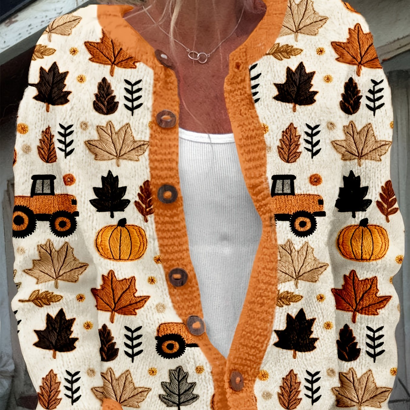 Image of Procurement Products Cardigan Sweaters, Long-sleeved Sweaters With Orange, Flower And Maple Leaf Pattern And , Casual And Chic Coats, And Durable Goods