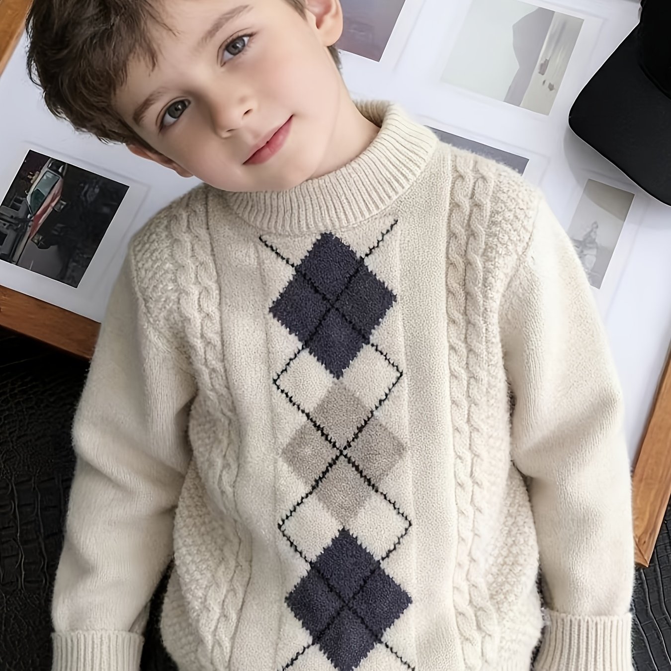 Mid-sized Diamond Patterned Jacquard Turtleneck Sweater For Autumn And Winter, School Clothes For