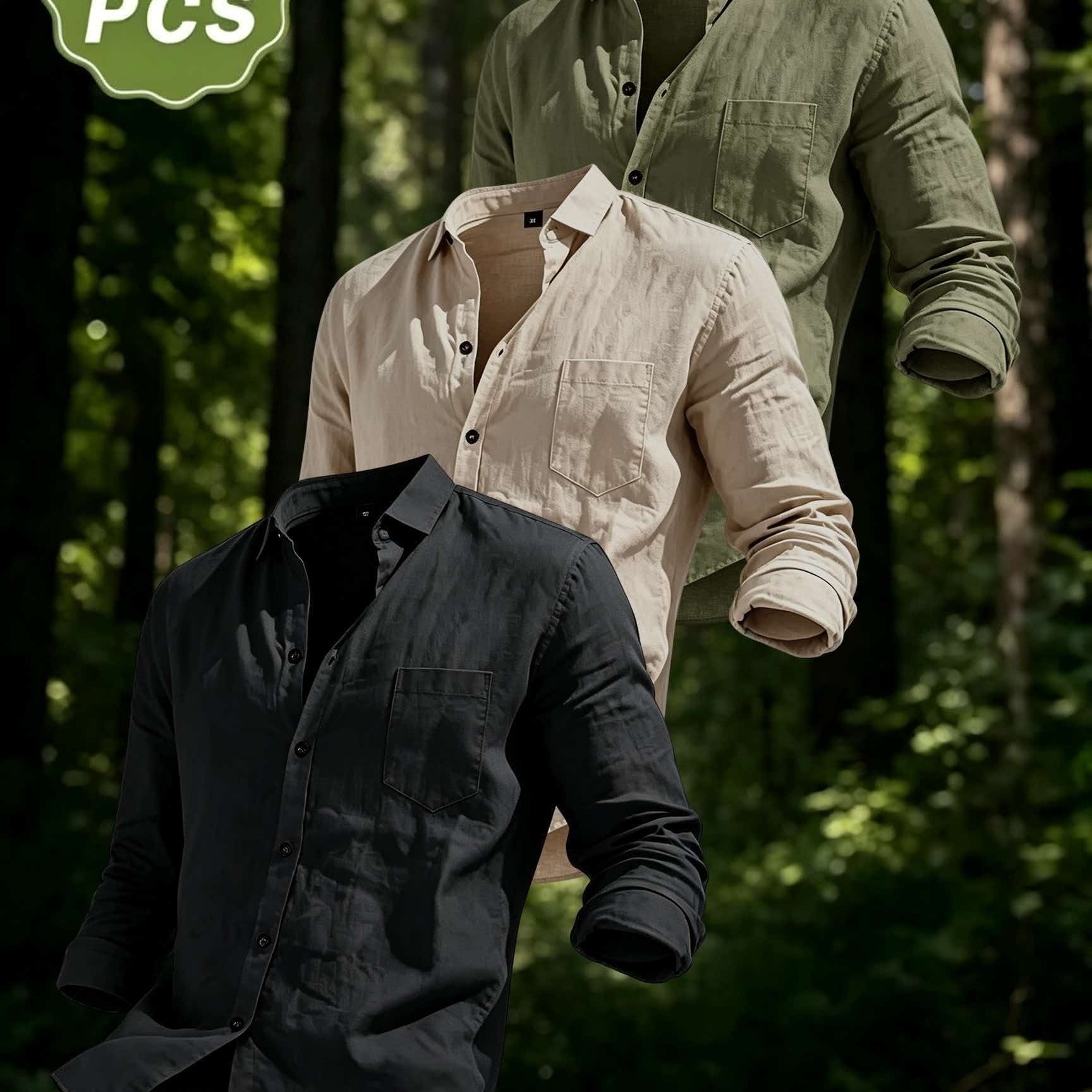 TEMU Obm Men's Multi-pc Solid Color Casual Lapel Button- Long Sleeve Shirts, -friendly, Soft, And Breathable. Island , Versatile For Daily Commutes.