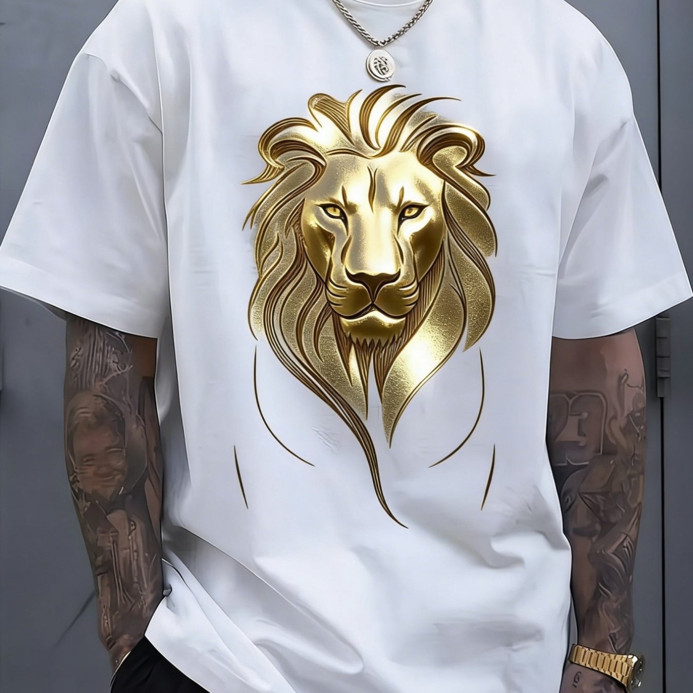 Image of [summer] Lion Print T-shirt, Plus Size Men's T-shirt, Easy Graphic Tee, Plain White T-shirt, Pure, T-shirt, Plus Size, Casual And Versatile