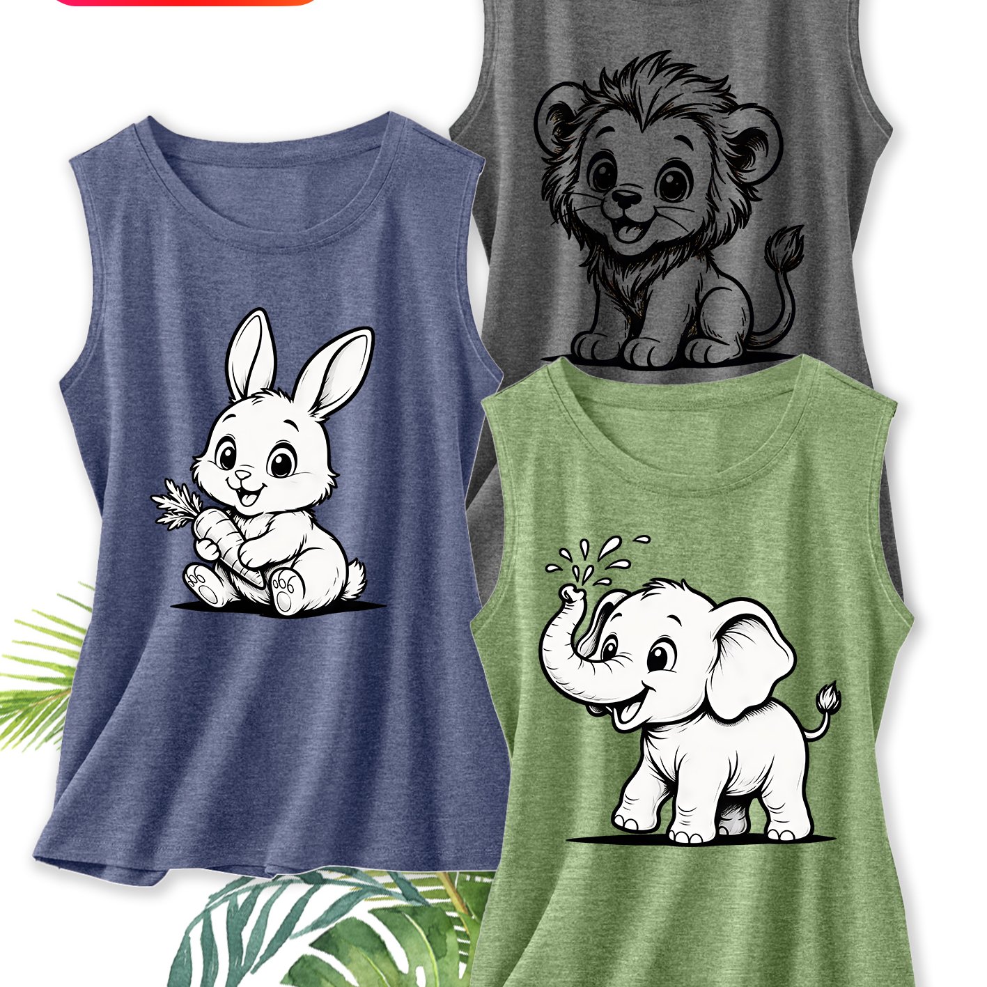 TEMU 3pcs Set Women's Elegant Vest Carrot White Rabbit Cartoon With Splashing Elephant Lion Print Pattern Round Neck Women's Comfortable Soft