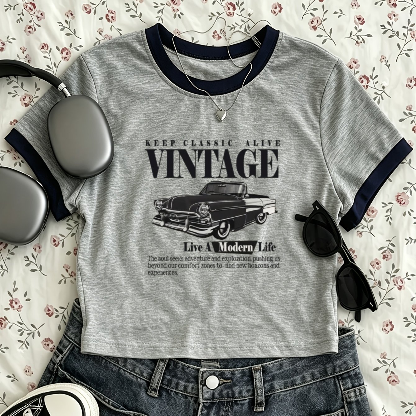 TEMU Vintage-style Casual Short Color-block Top With Vintage Car Print, Women's Round Neck Short Sleeve T-shirt, Suitable For Supermarket Shopping,