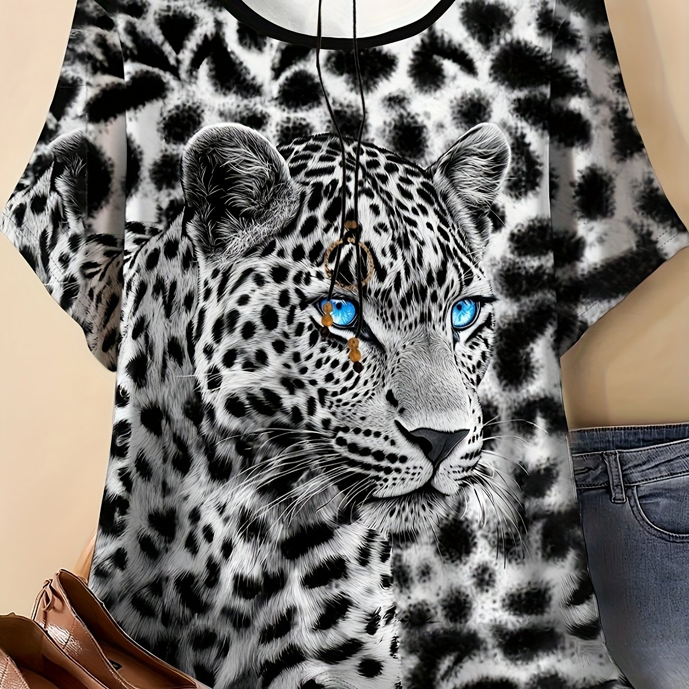 TEMU T-shirt imprimé grande taille, T-shirt à manches courtes col rond imprimé animalier pour femmes, Haut décontracté grande taille printemps/été,