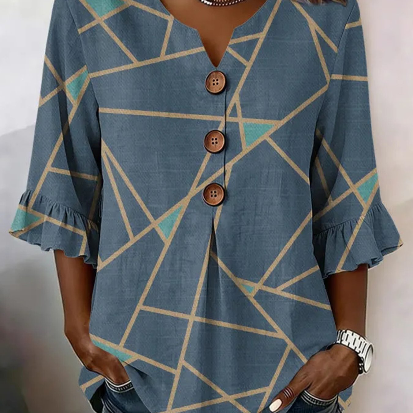 Elegant Women's Geometric Print Blouse, 3/4 Flare Sleeve V Neck Blouse Tops Casual Daily Wear