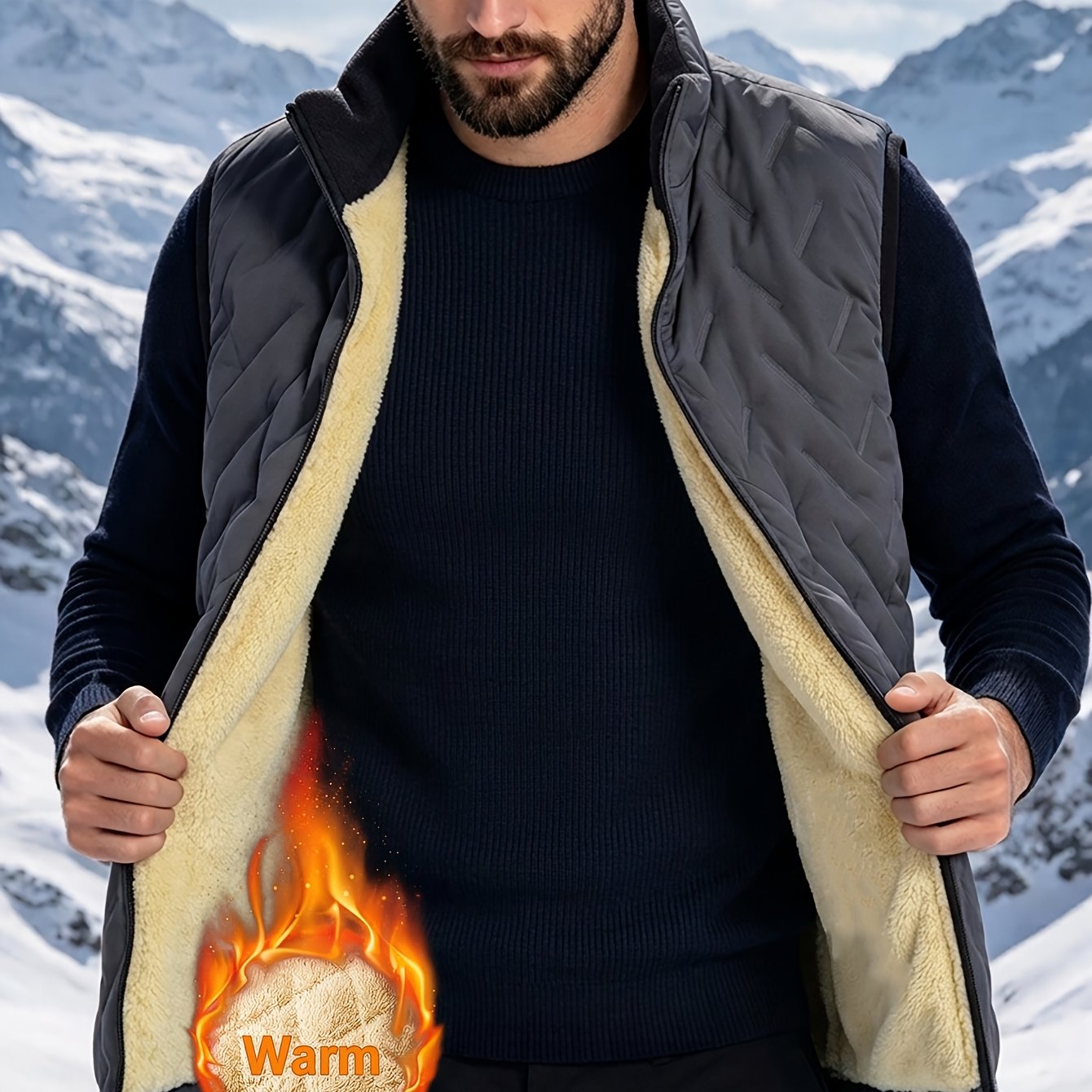 TEMU Men's Thickened Warm Vest - With Zippered Pockets And Collar, Suitable For Casual Wear, Fitness, And Parties - Solid Color Thermal, Ideal Gift