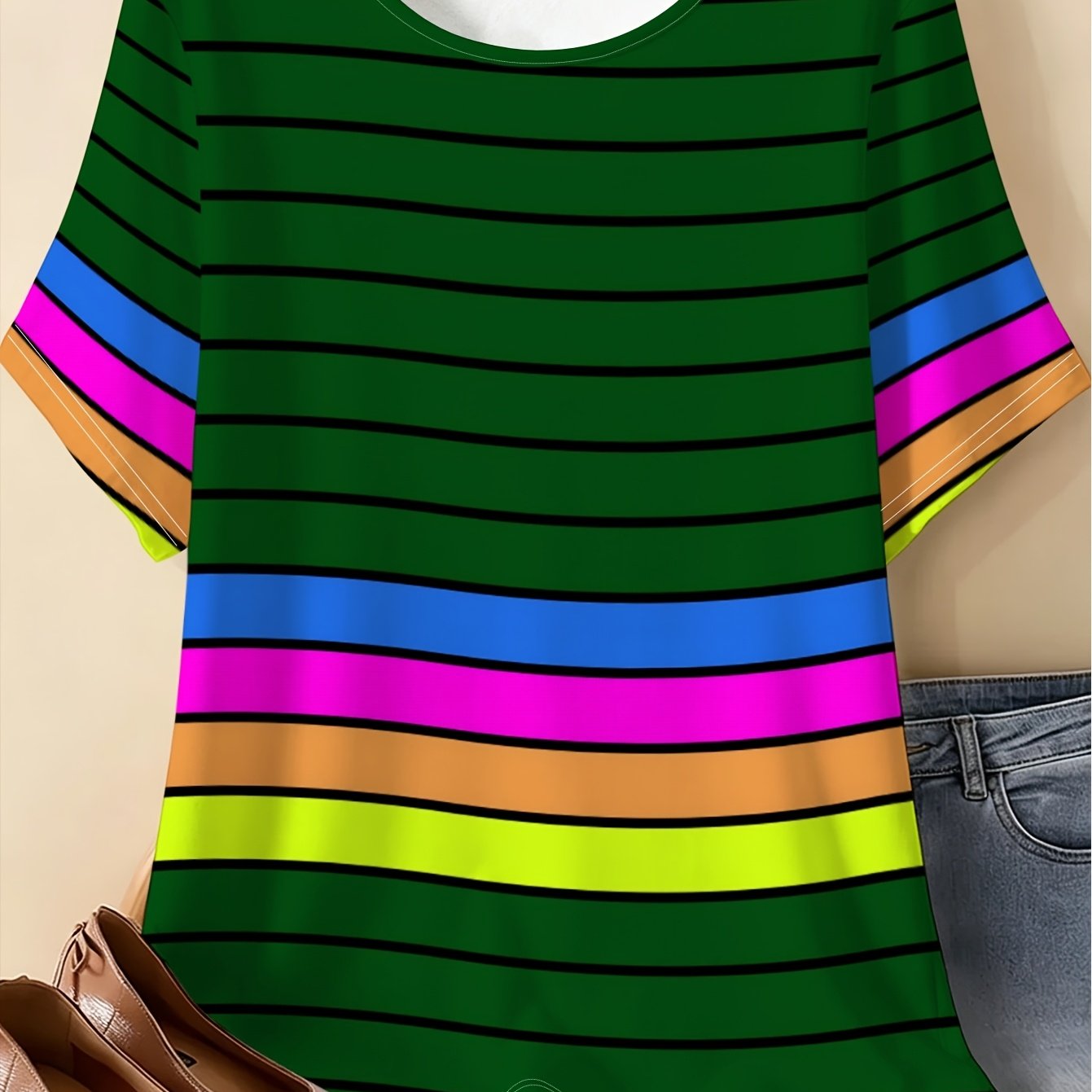 TEMU Women's Plus-size Oversized Vintage T-shirt - Dark Green With Multicolor Stripes (blue/pink/orange/yellow) | Round Neck Short Sleeve -compatible