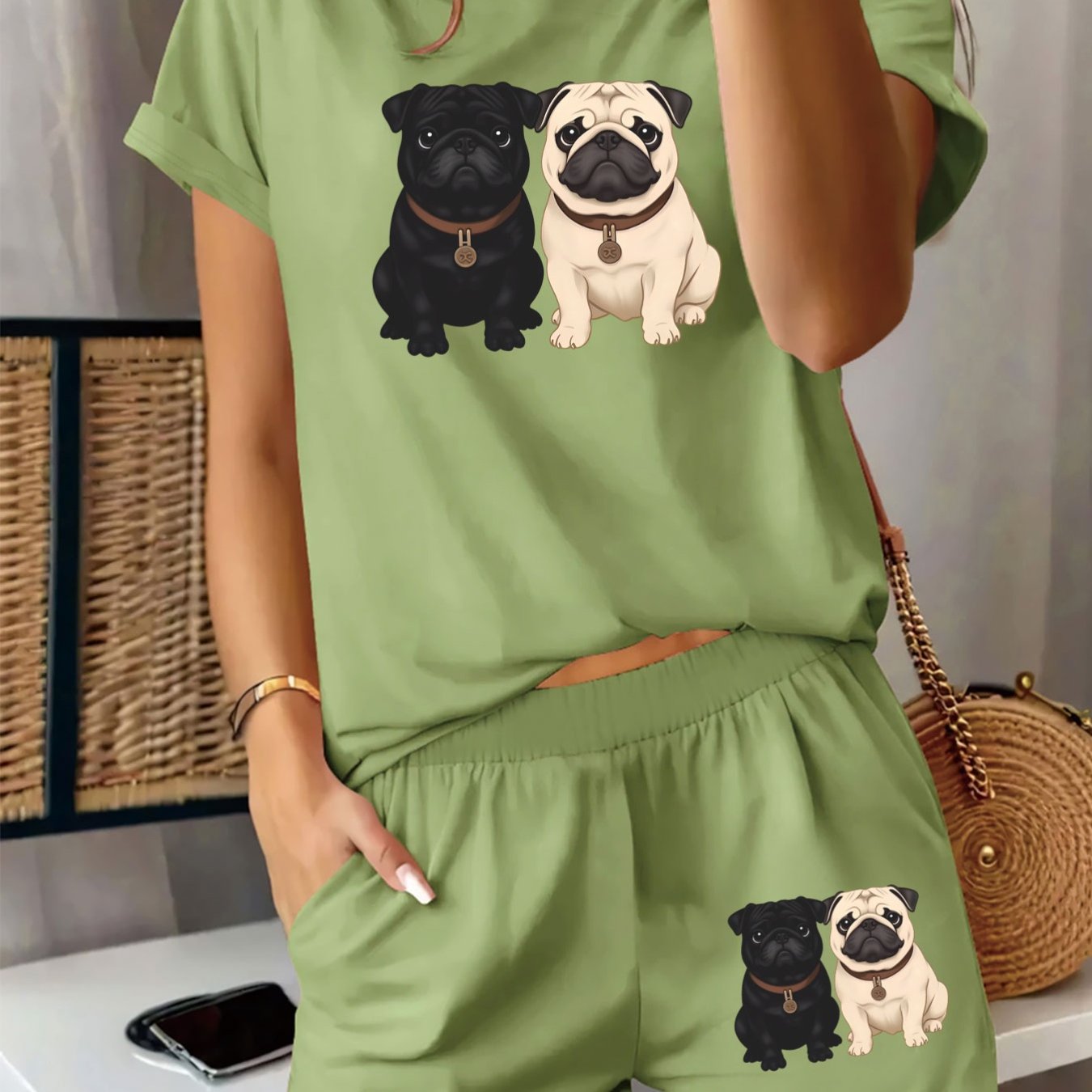 TEMU 2pcs Set Of Fashionable Home Comfortable Women's Outfit With Cute Pug Print, Adorable Pattern Round Neck Short Sleeve T-shirt And Pocket Shorts,