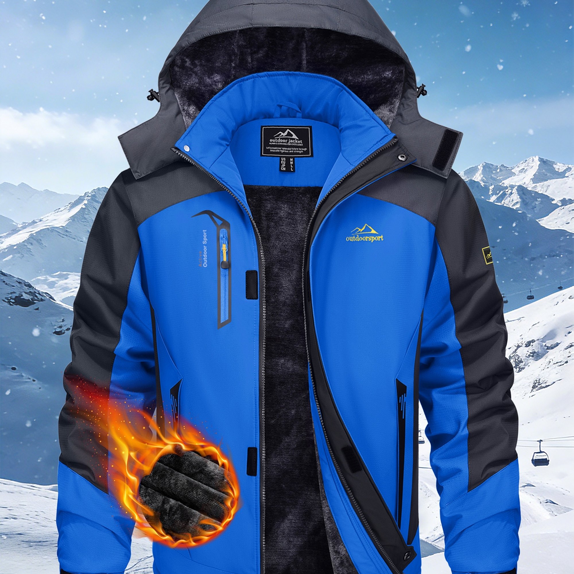 Image of Men's Ski Jacket Warm Lined Winter Detachable Hood Adjustable Cuffs 4 Pockets Side Zipper Pockets Chest Pocket Inner Pocket For Skiing Snowboarding Hiking Camping Winter Jacket Parka