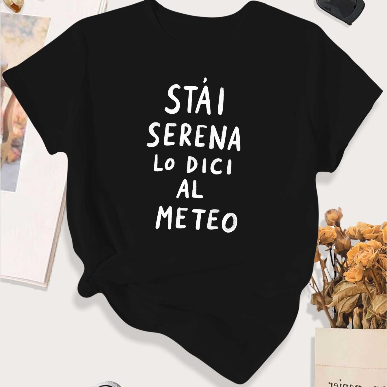 TEMU Casual Sports T-shirt For Women In Large Size Featuring A Humorous Italian Weather Quote