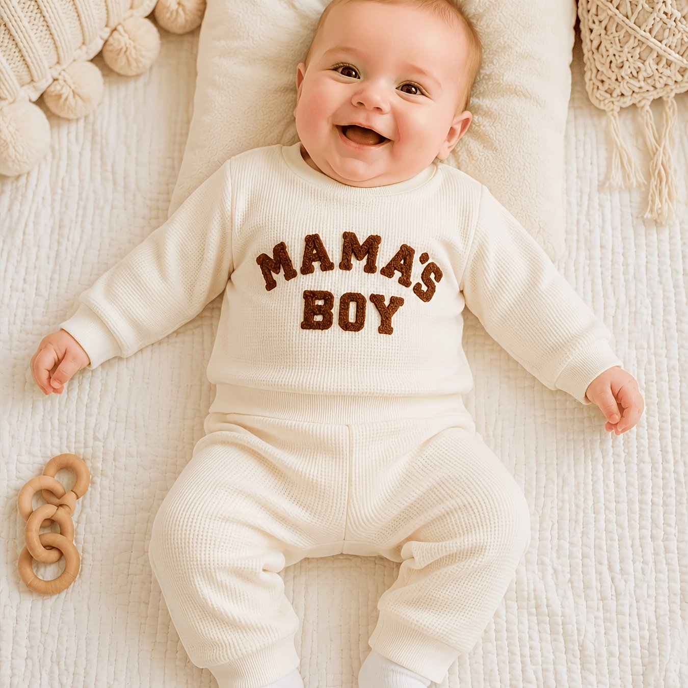 Image of Baby Boy 0-12 Months Long-sleeved Round-neck Romper And Pants 2pcs Set, Waffle Knit Fabric With Towel-stitched Embroidery, Infant Bodysuit Set, Mother's Day Gift, Perfect For Outdoor