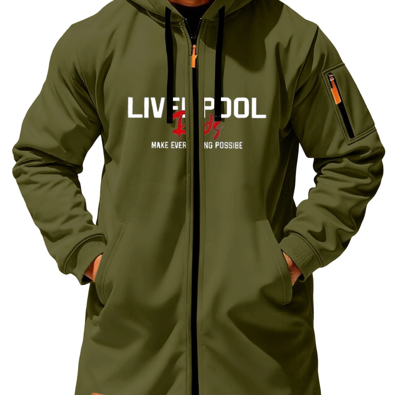 TEMU Men's Hooded Long Trench Coat, Full Zipper Cardigan, Theme, With Printed Letters And Slogans On , Side Arm, Zipper Pocket, And Label At The Hem