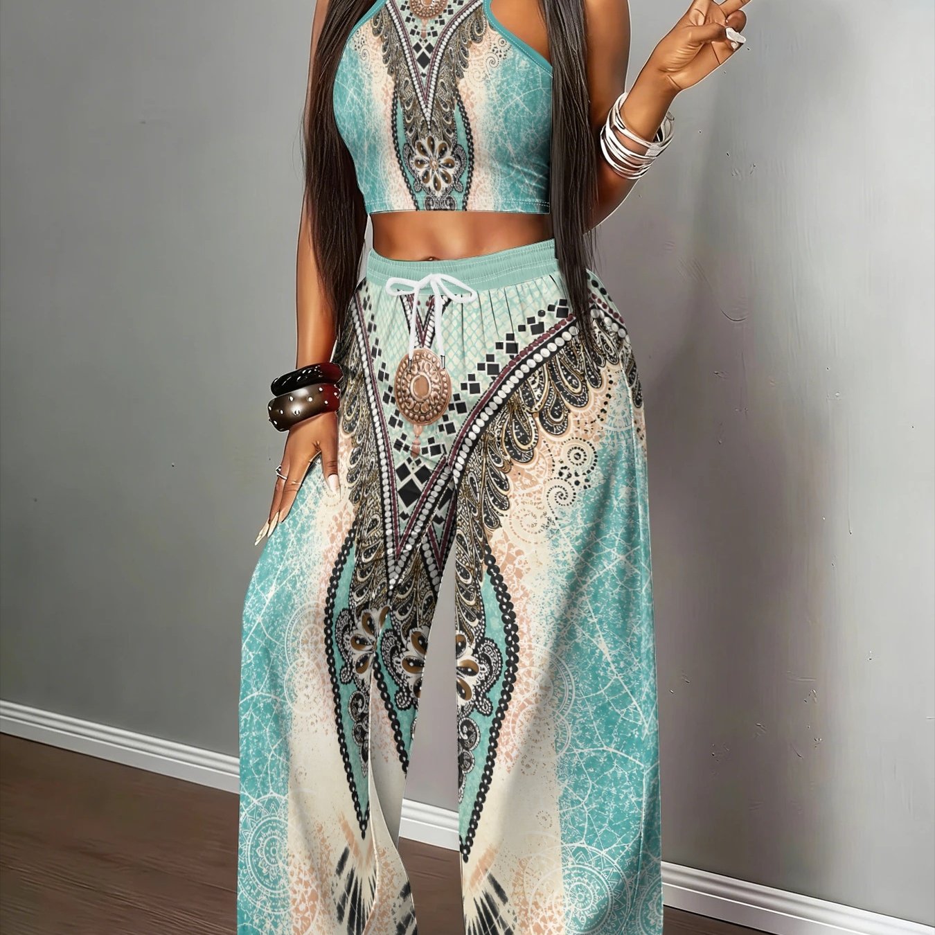 TEMU Style Graffiti Set For Women, With Palm Leaf Print, Halter Neck Crop Top And High-waist Wide-leg Pants, 2pcs Set