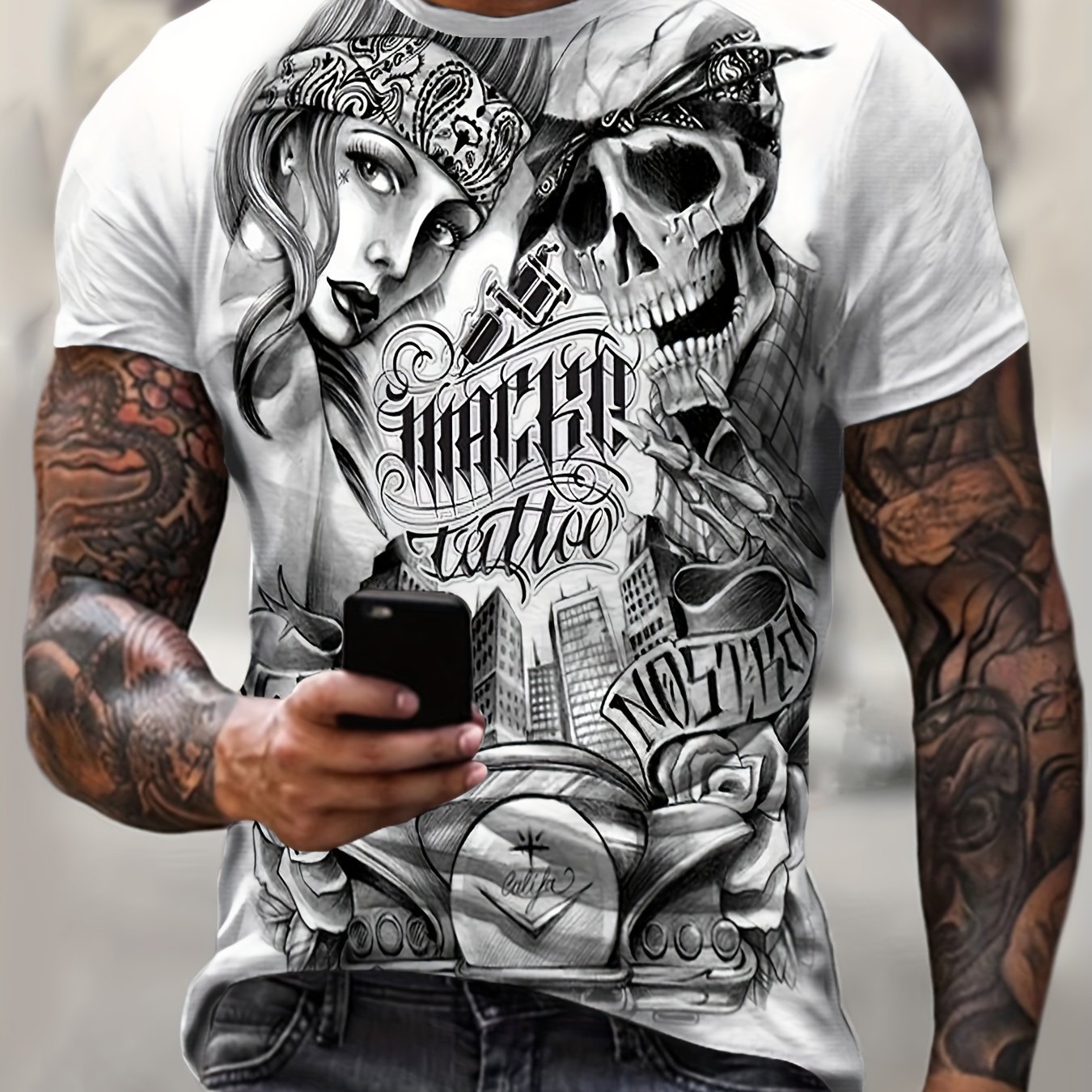 TEMU Men's Pattern T-shirt - Loose Fit Short Sleeve Skull And Tattoo Design