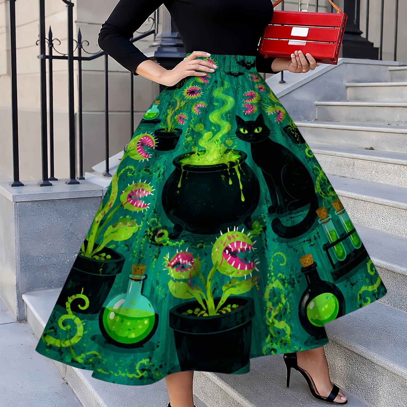 TEMU Halloween Themed, Women's Skirt, Witch Cauldron And Black Cat Print, Autumn Festival Party, Gift For Wife Or Girlfriend