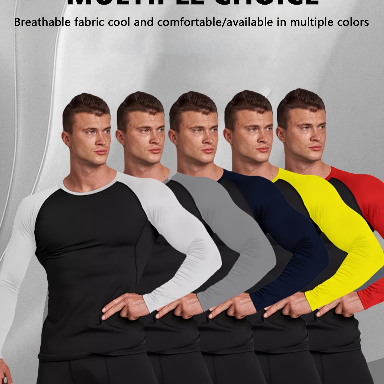 TEMU Men's Five-piece Outdoor Long-sleeve Athletic Wear, Featuring Seamless Design, Fashionable, High-stretch, Quick-drying Training Clothes