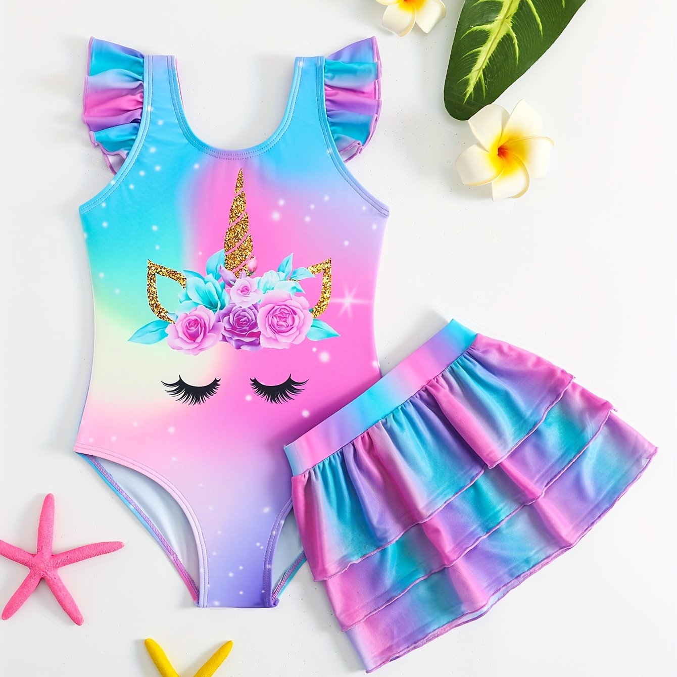Image of Baby And Toddler Girl Unicorn One-piece Swimsuit With Mesh Swim Skirt Shoulders Children Swimwear For Kids Girls Bathing Suits, Newborn/toddler Necessities